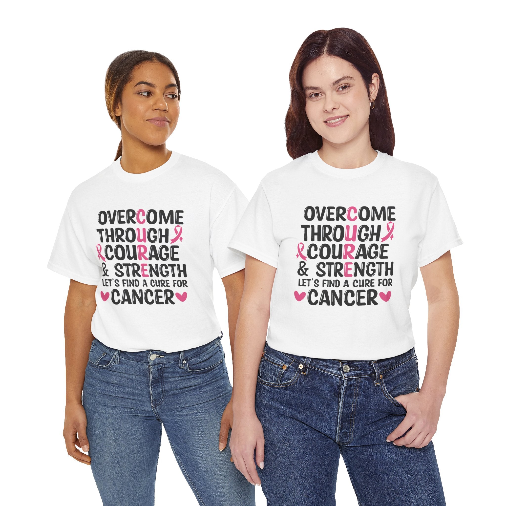 Breast Cancer Awareness Tee — "Overcome Through Courage & Strength" Motivational Shirt by Printify