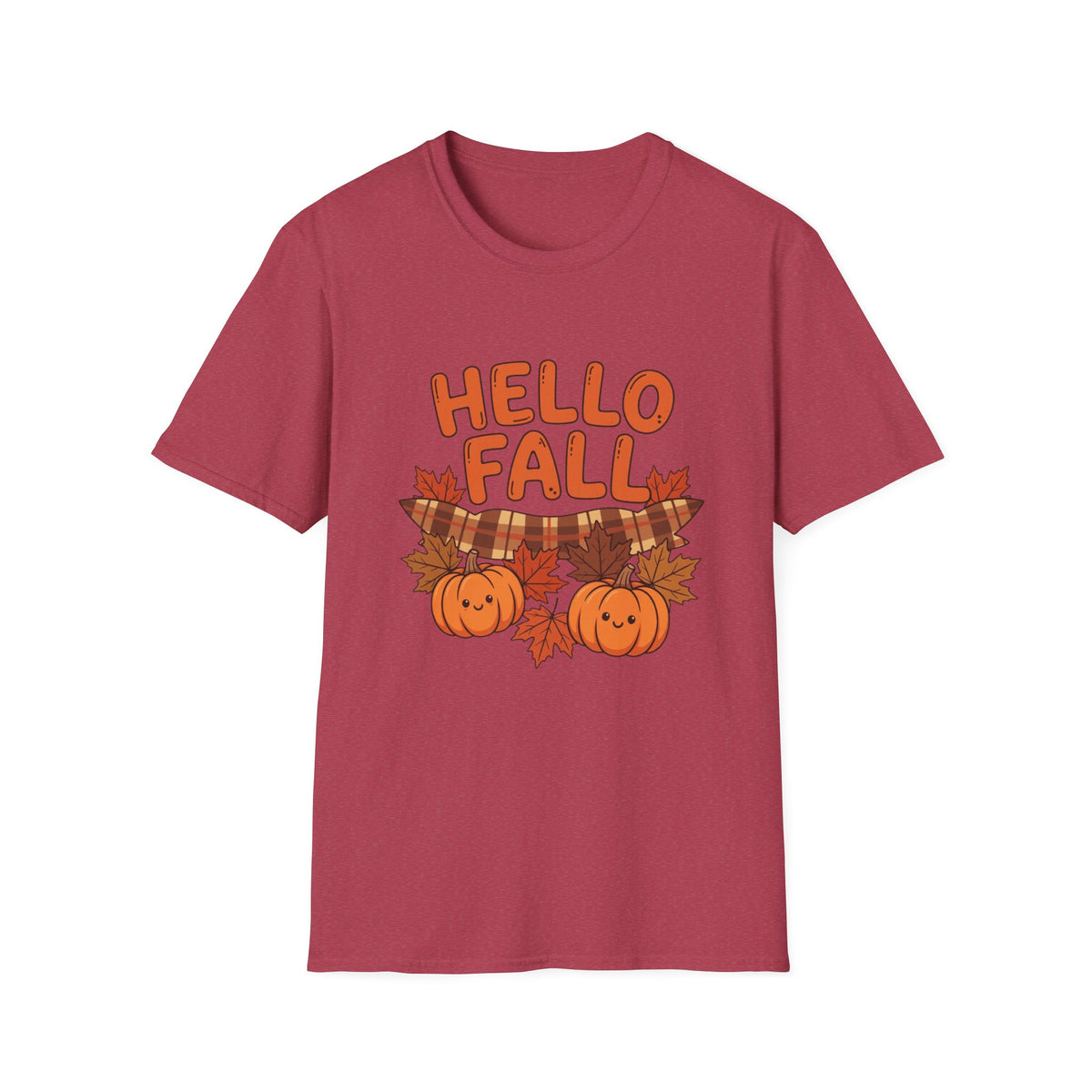 Hello Fall T-Shirt — Cute Pumpkin & Plaid Leaves Autumn Tee by Printify
