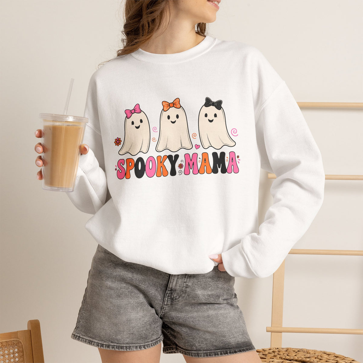Spooky Mama Sweatshirt — Cute Halloween Ghosts Graphic Crewneck by Printify