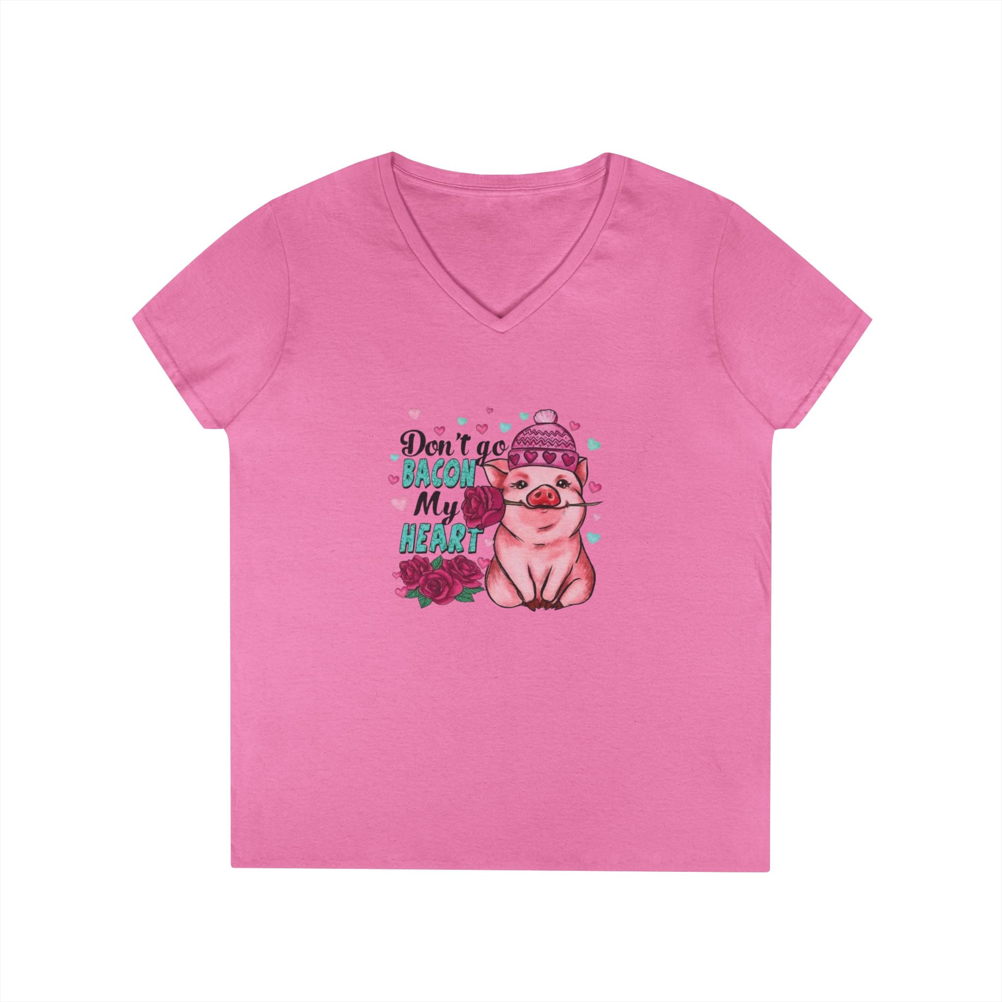 Valentine's Ladies V-Neck T-Shirt, Bacon Heart Shirt, Love Graphic Tee, Valentine's Day Gift, Funny Food Lover Top by Printify