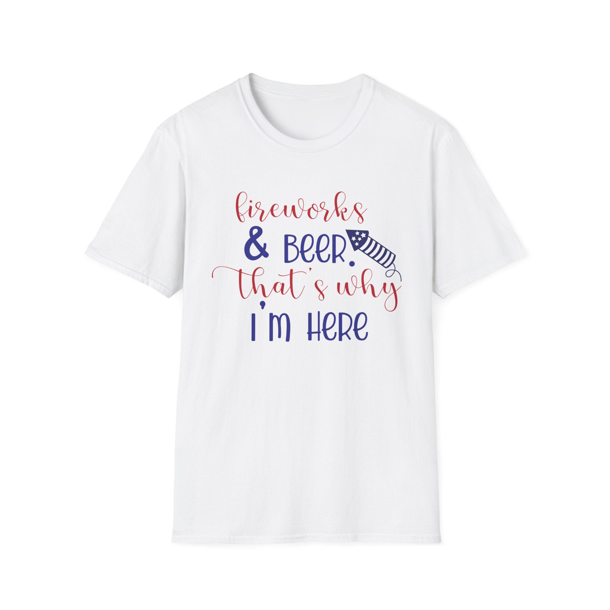 Fireworks & Beer Unisex Softstyle T-Shirt, 4th of July Shirt, Summer BBQ Tee, Celebration Outfit, Casual Party Wear by Printify