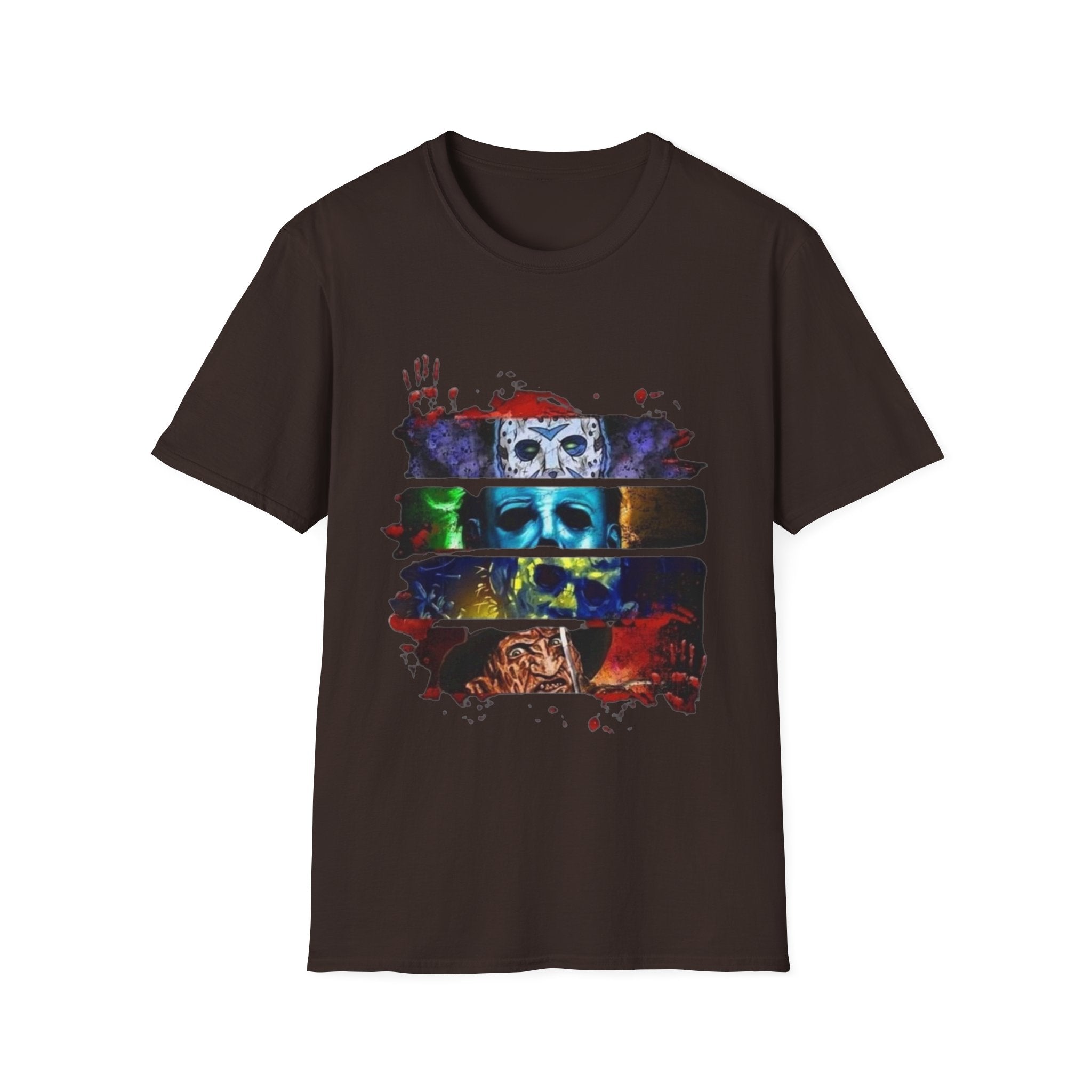 Horror Mask Split-Panel T-Shirt — Retro Slasher Movie Graphic Tee by Printify