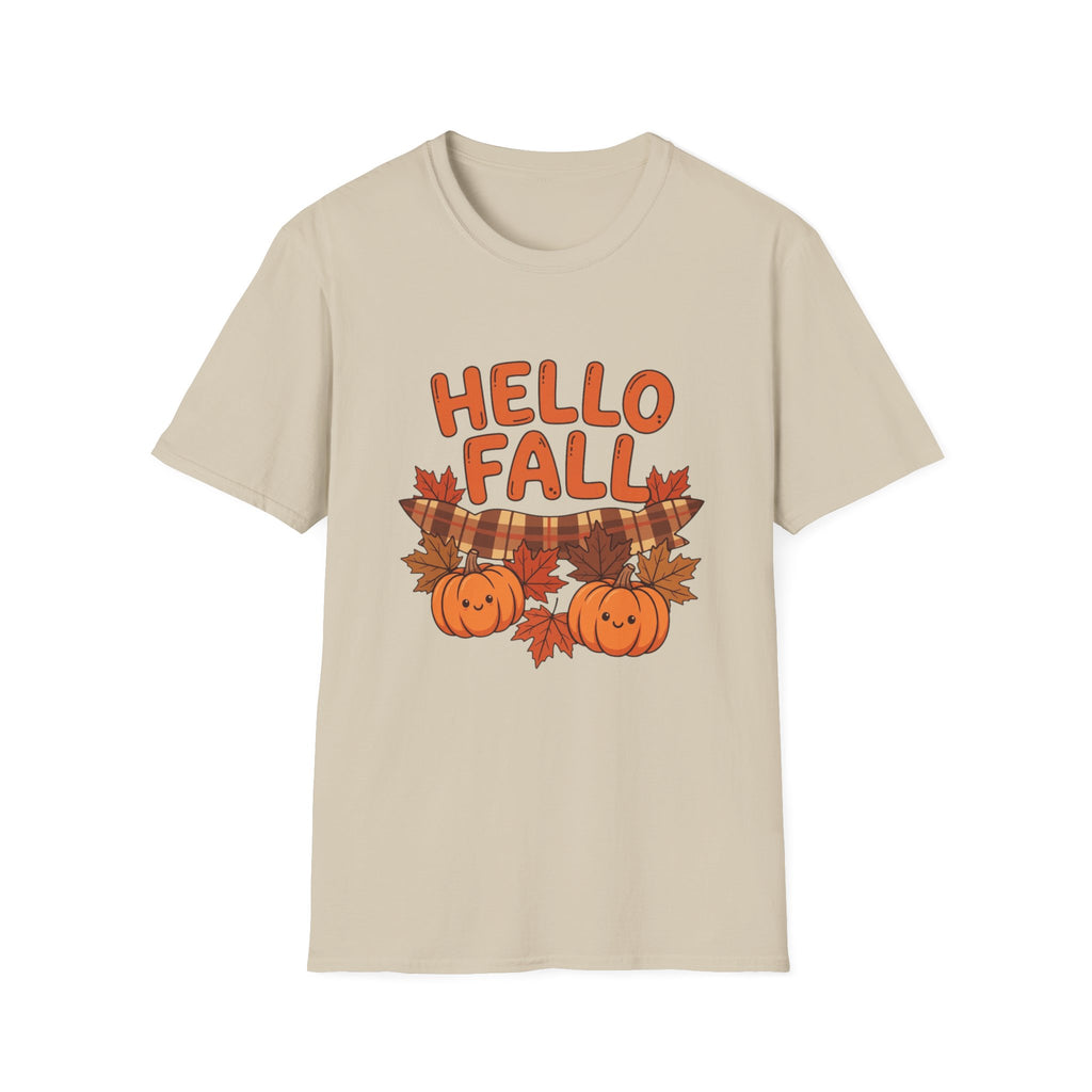 Hello Fall T-Shirt — Cute Pumpkin & Plaid Leaves Autumn Tee by Printify