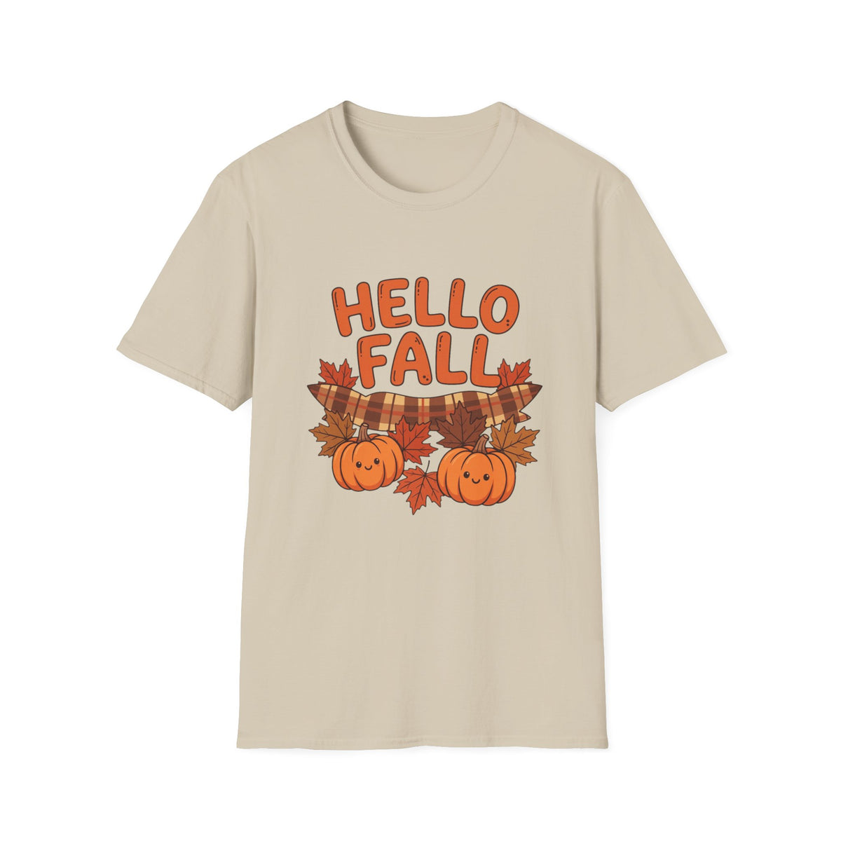 Hello Fall T-Shirt — Cute Pumpkin & Plaid Leaves Autumn Tee by Printify