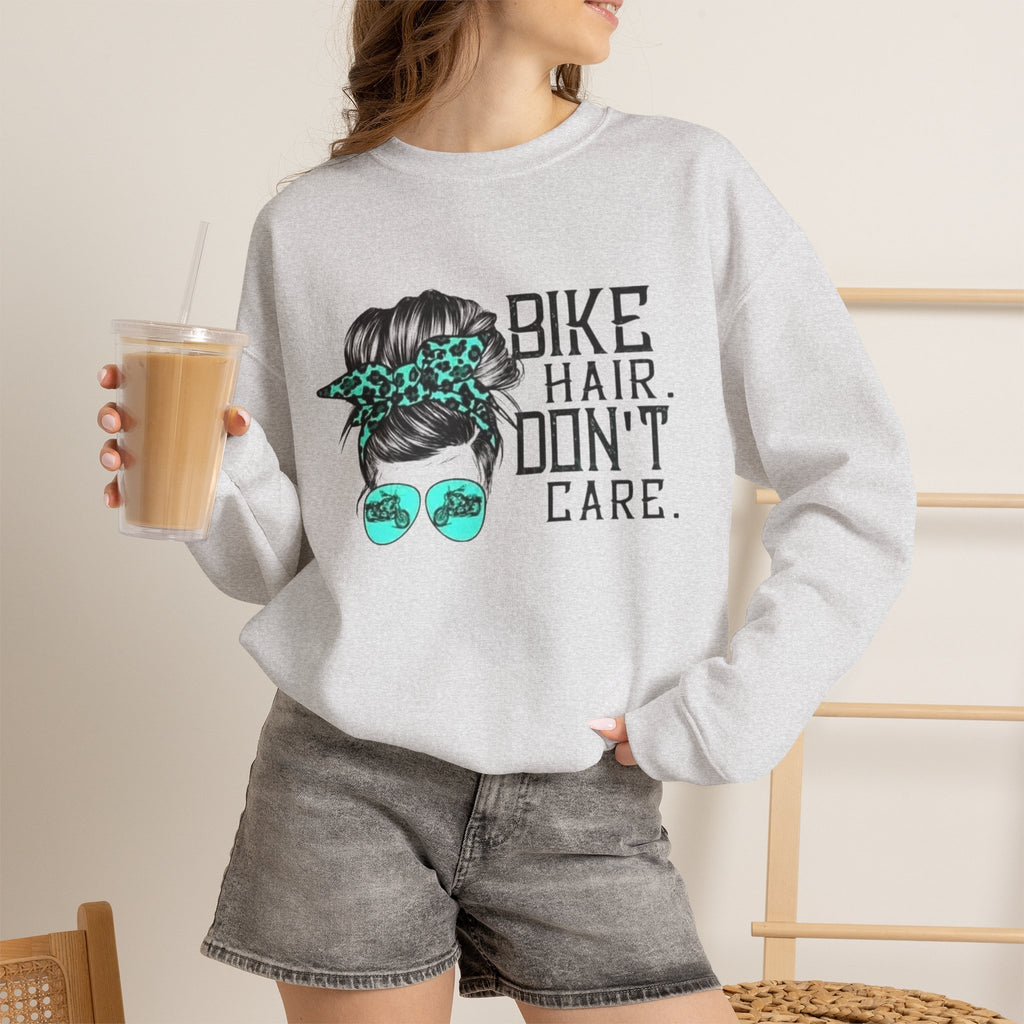 Sweatshirt — "Bike Hair Don’t Care" Graphic Crewneck by Printify