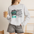 Sweatshirt — "Bike Hair Don’t Care" Graphic Crewneck by Printify