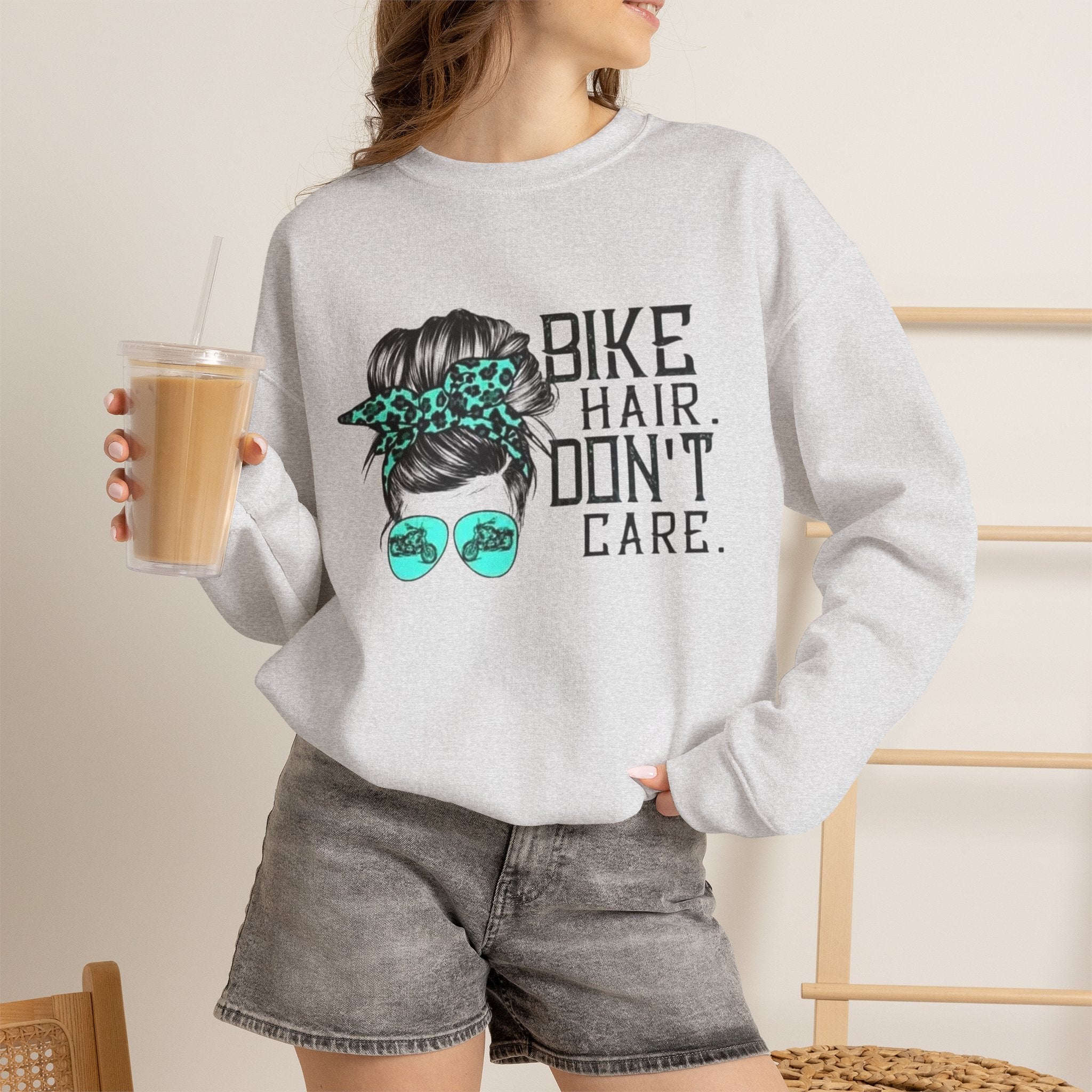 Sweatshirt — "Bike Hair Don’t Care" Graphic Crewneck by Printify