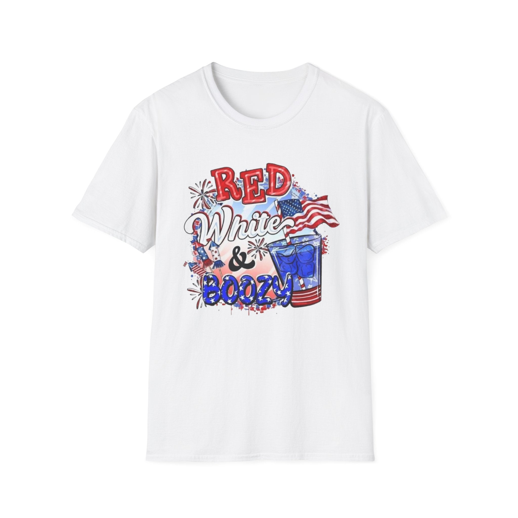 Red, White & Boozy Unisex Softstyle T-Shirt | Patriotic Tee, Independence Day Shirt, Summer Party Wear, BBQ Outfit, Casual Gift by Printify