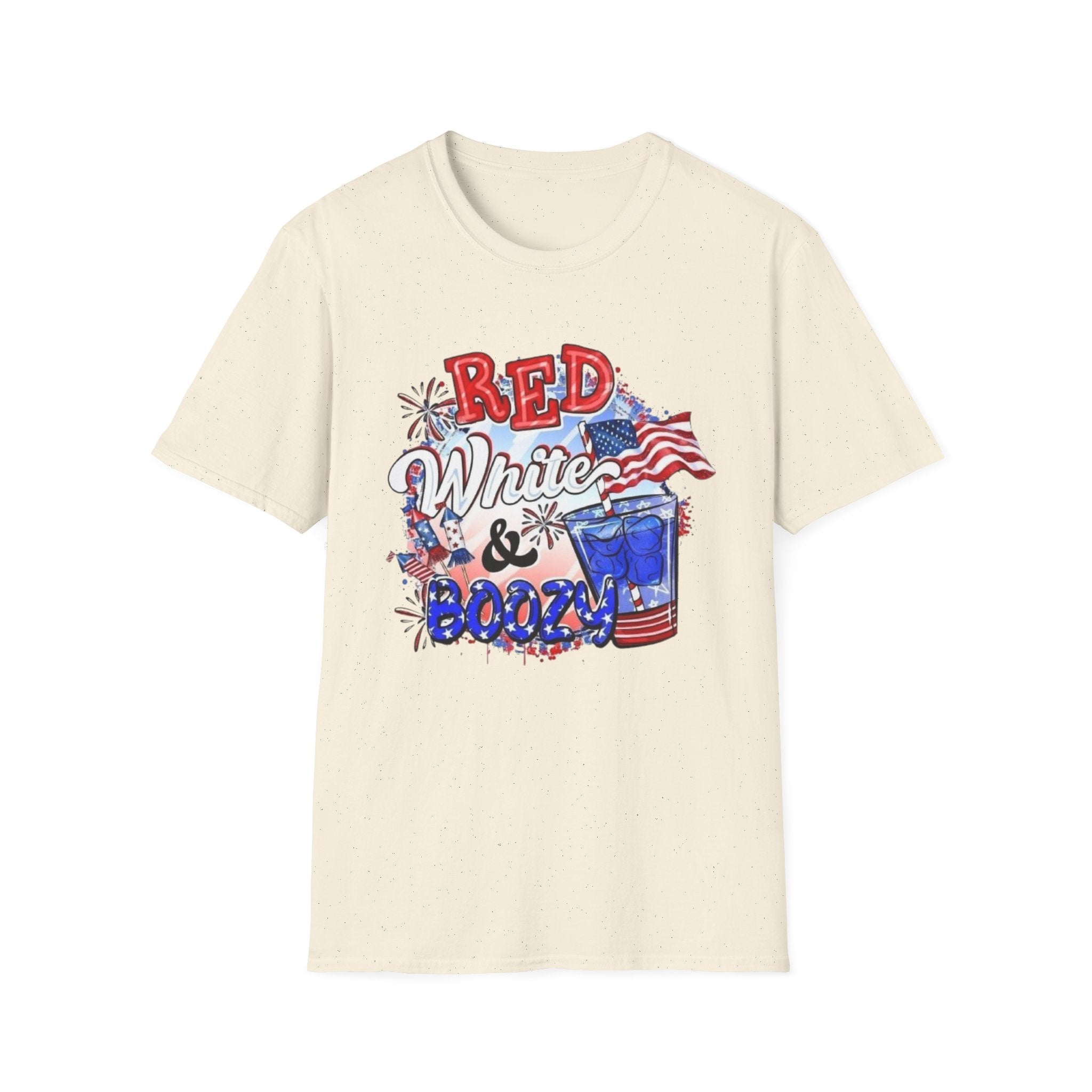 Red, White & Boozy Unisex Softstyle T-Shirt | Patriotic Tee, Independence Day Shirt, Summer Party Wear, BBQ Outfit, Casual Gift by Printify