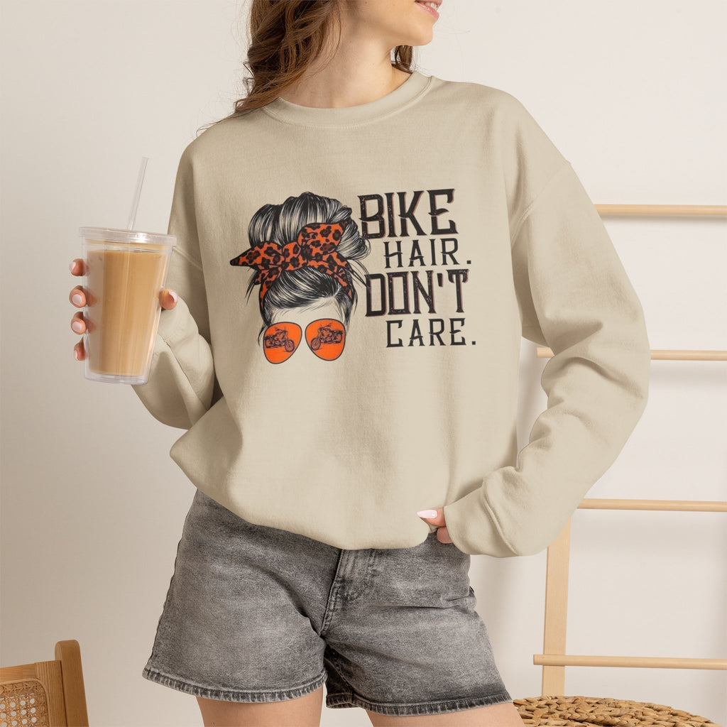 Crewneck Sweatshirt — “Bike Hair Don’t Care” Biker Messy Bun Graphic by Printify