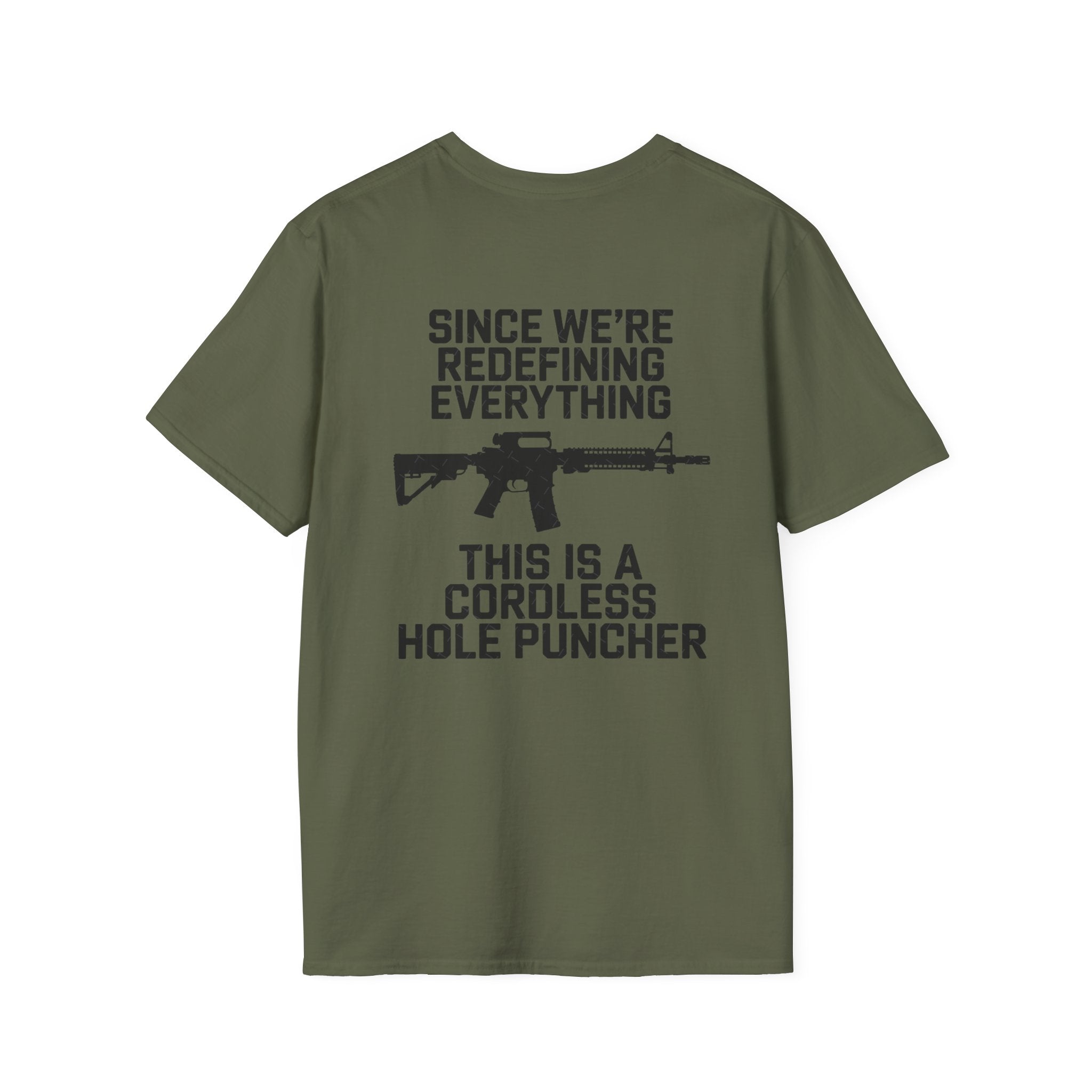 T-Shirt — 'Redefining' Rifle Graphic Pocket Tee by Printify