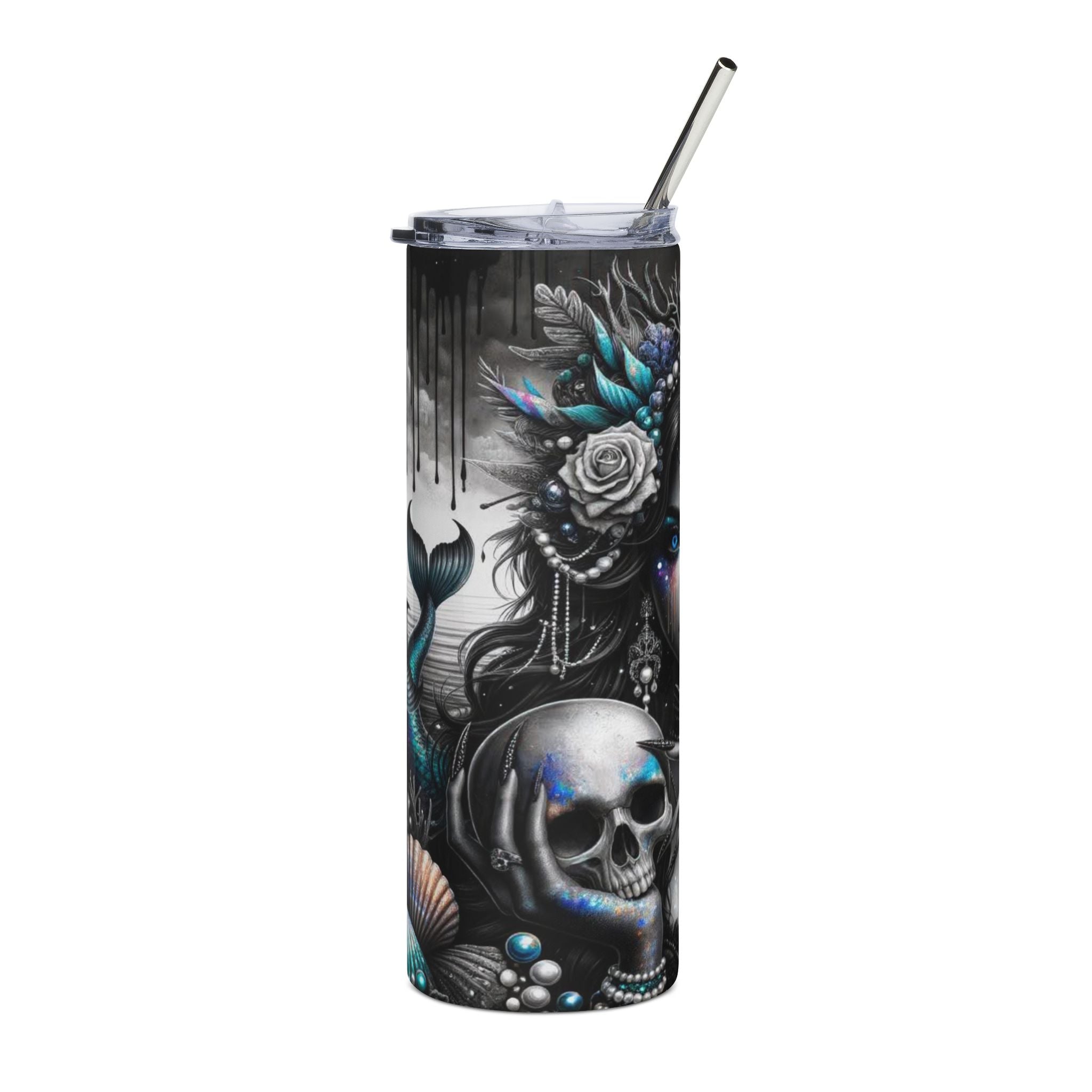 20oz Stainless Steel Tumbler — Gothic Mermaid Skull Art, Teal & Silver Stainless Travel Cup by Printify
