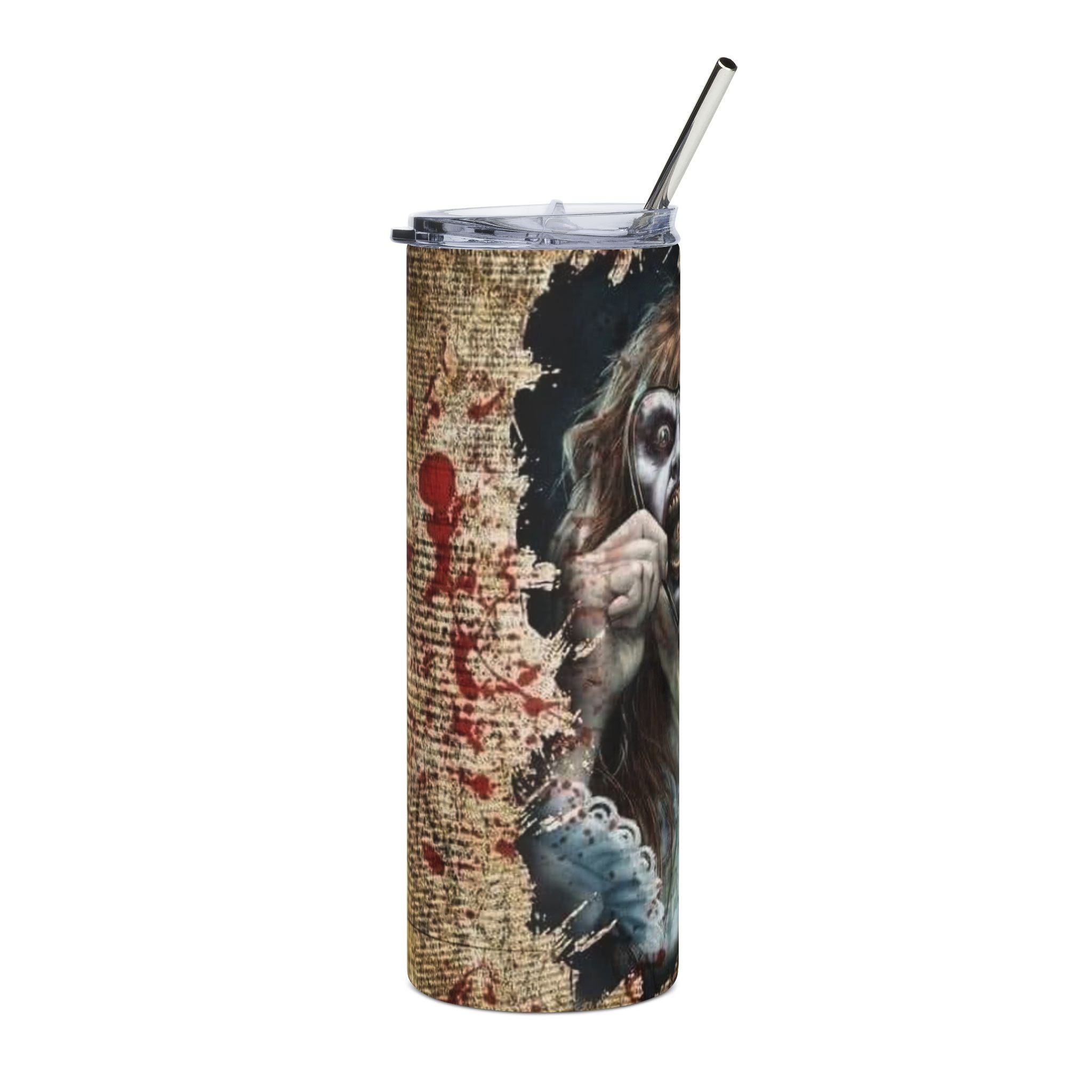Horror Mask 20oz Stainless Steel Tumbler — Creepy Doll & Blood-Splatter Design by Printify