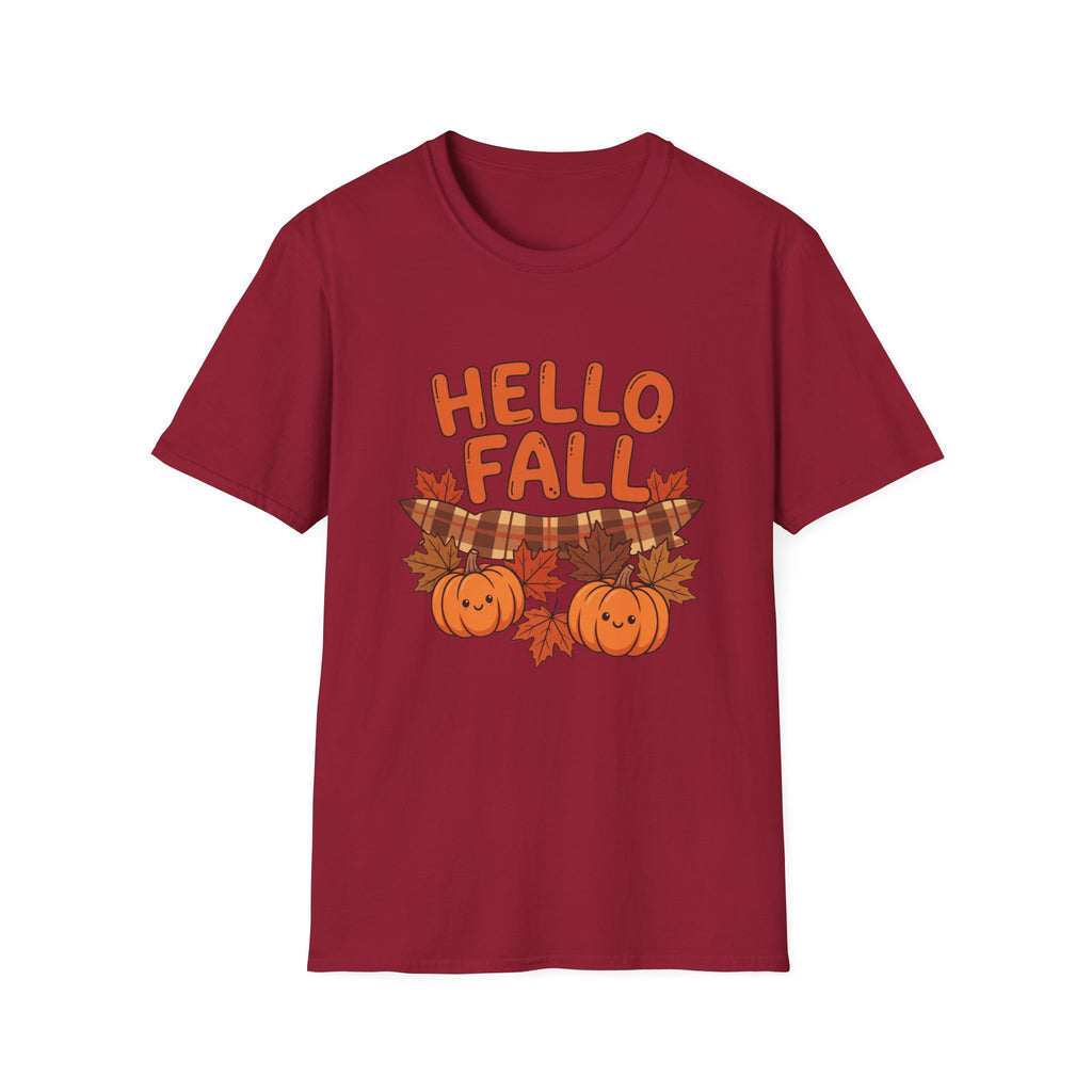Hello Fall T-Shirt — Cute Pumpkin & Plaid Leaves Autumn Tee by Printify