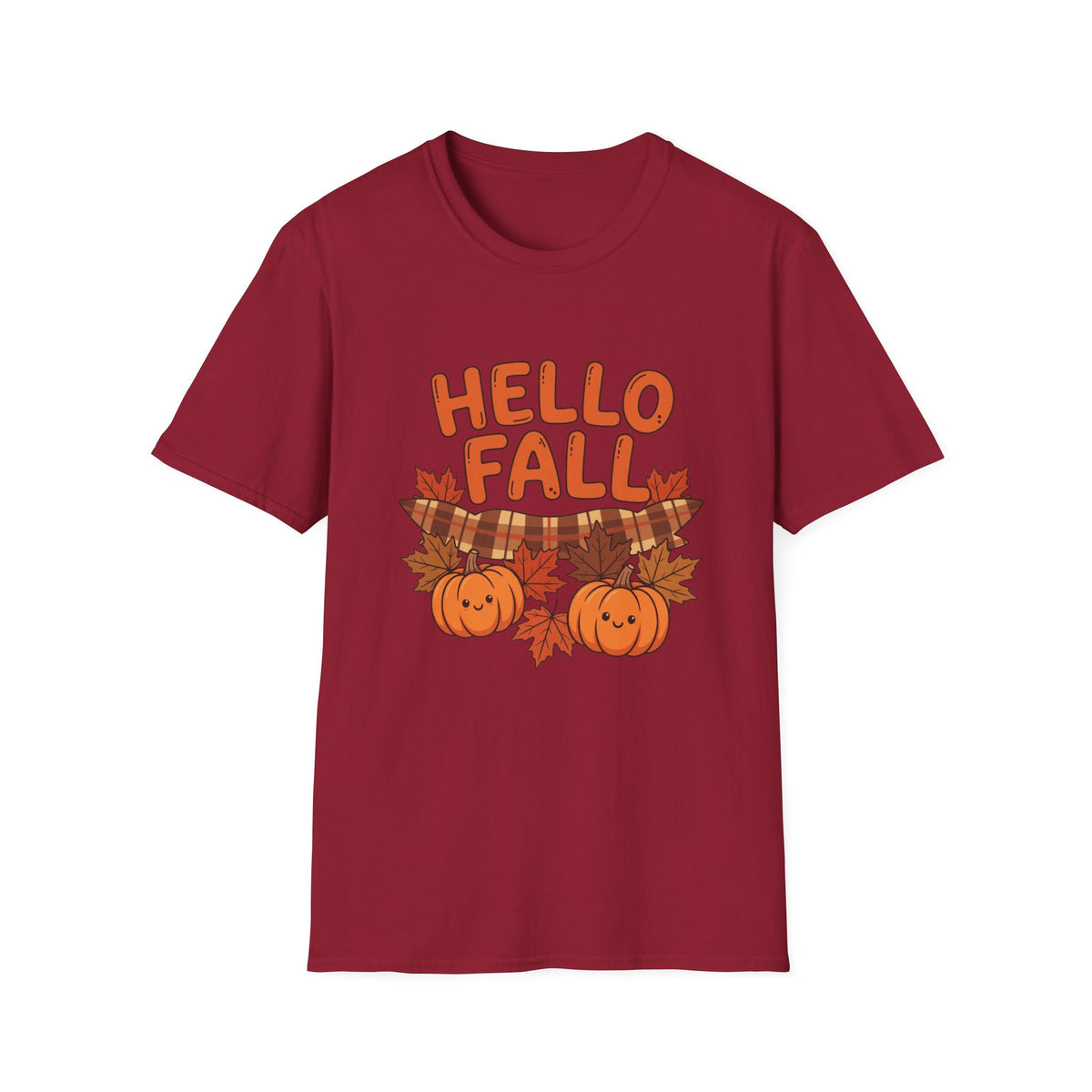 Hello Fall T-Shirt — Cute Pumpkin & Plaid Leaves Autumn Tee by Printify