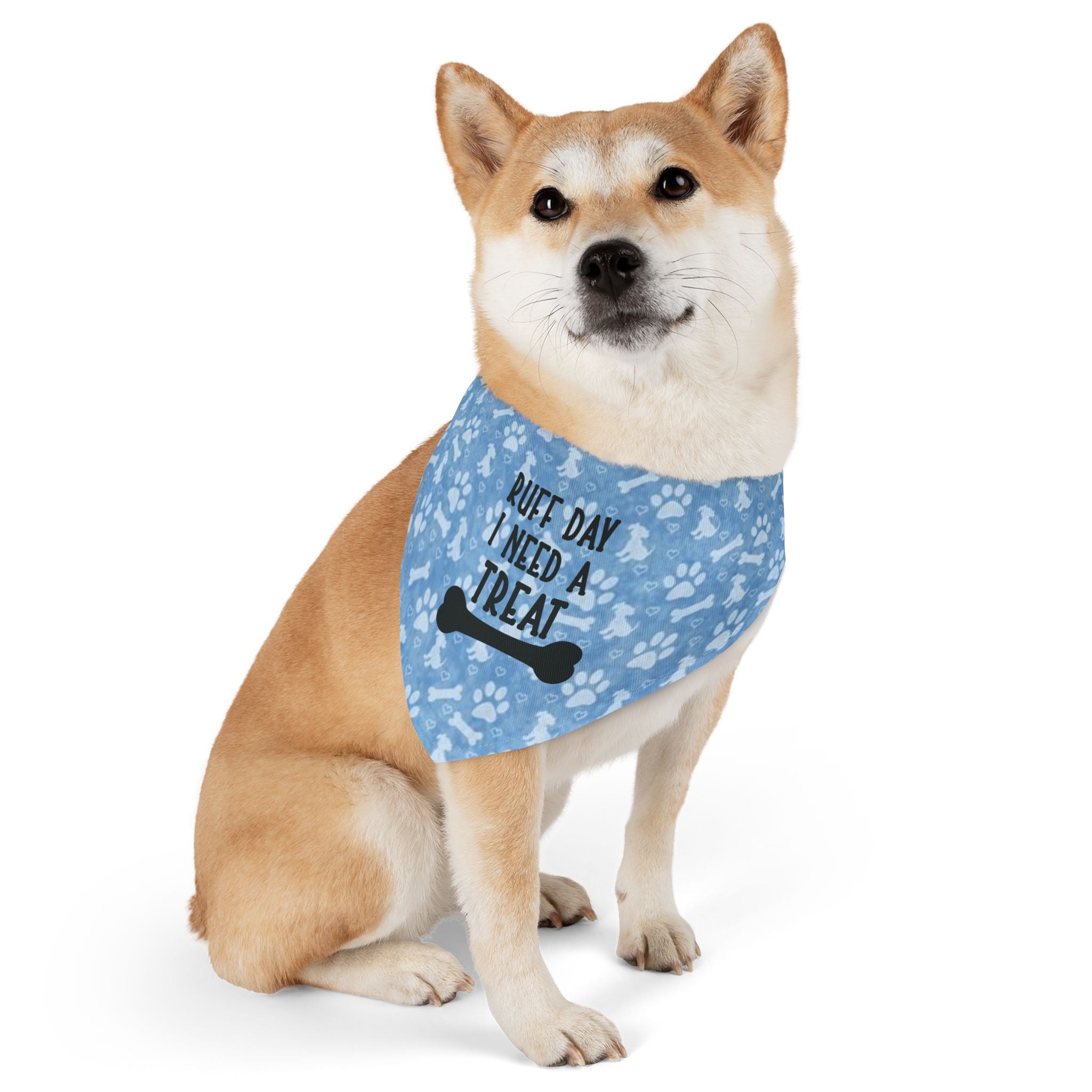 Dog Bandana Collar — "Ruff Day I Need a Treat" Blue Paw Print by Printify