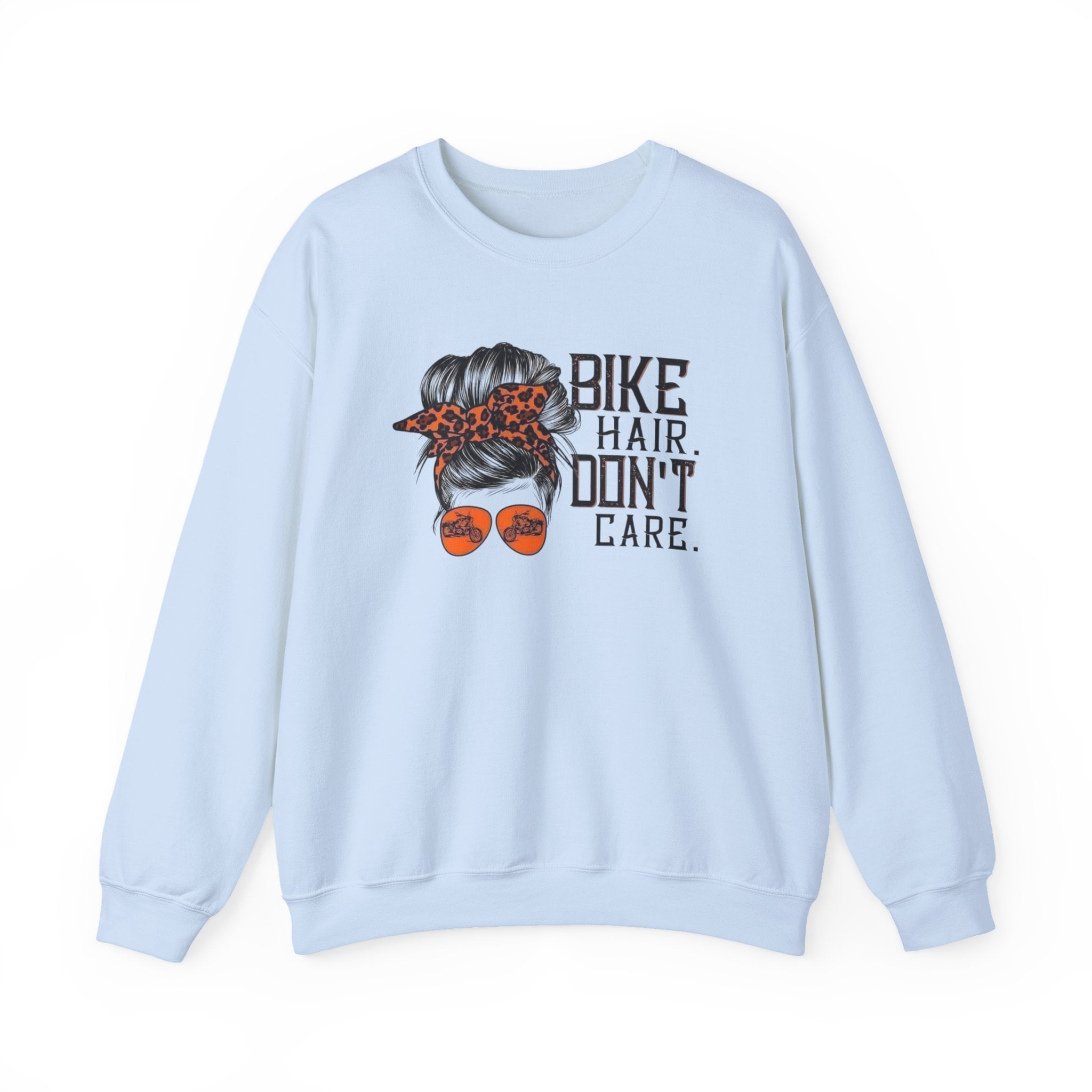 Crewneck Sweatshirt — “Bike Hair Don’t Care” Biker Messy Bun Graphic by Printify