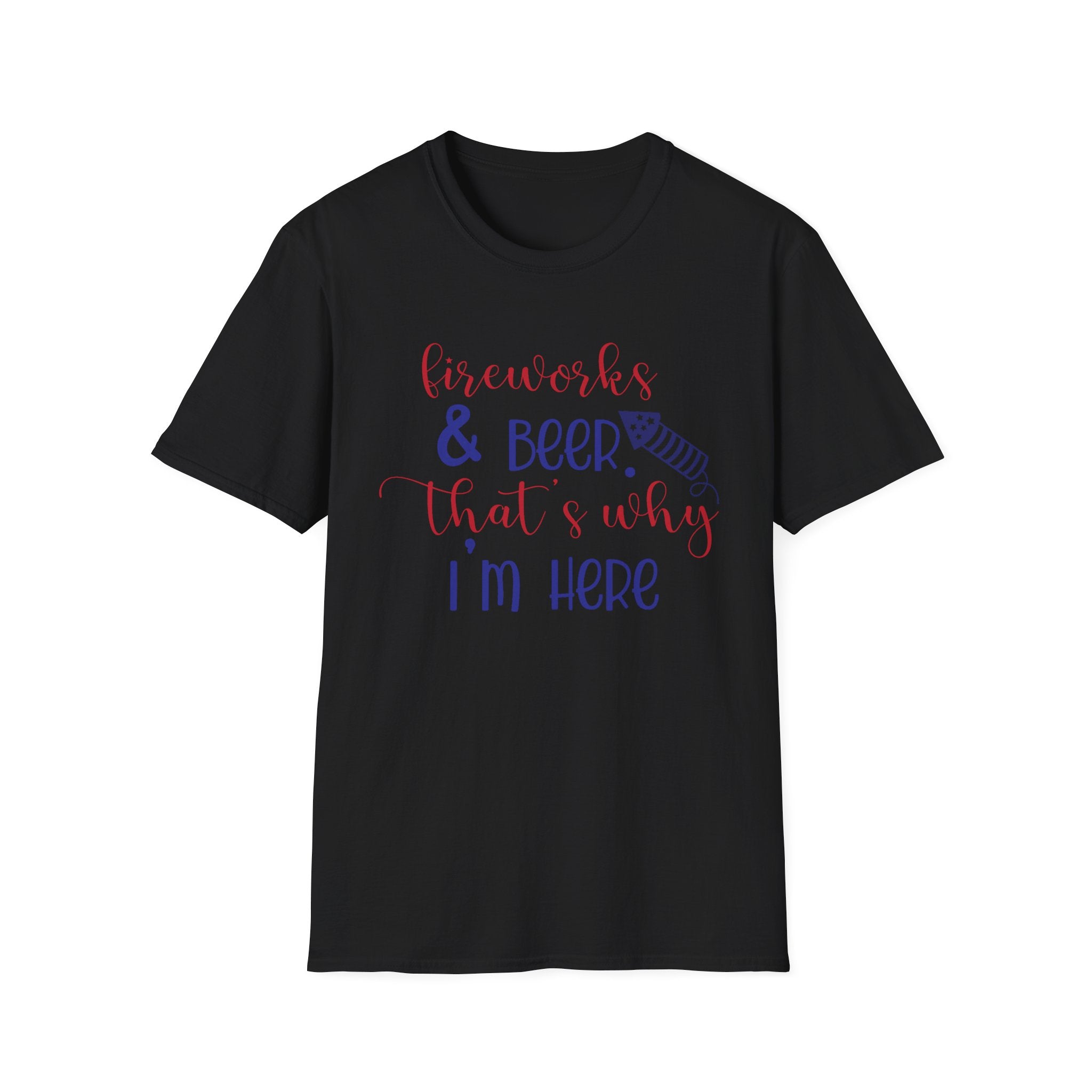Fireworks & Beer Unisex Softstyle T-Shirt, 4th of July Shirt, Summer BBQ Tee, Celebration Outfit, Casual Party Wear by Printify