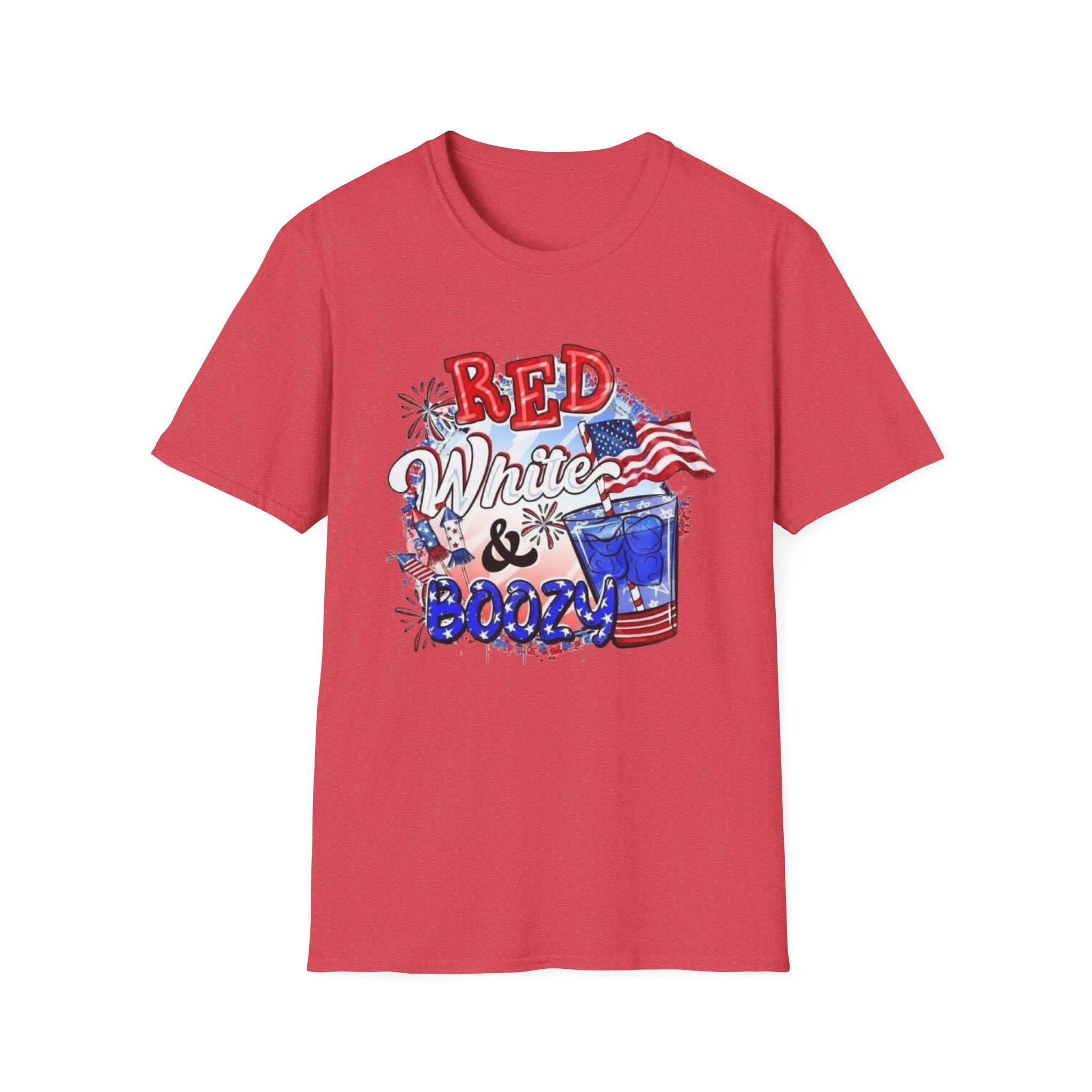 Red, White & Boozy Unisex Softstyle T-Shirt | Patriotic Tee, Independence Day Shirt, Summer Party Wear, BBQ Outfit, Casual Gift by Printify