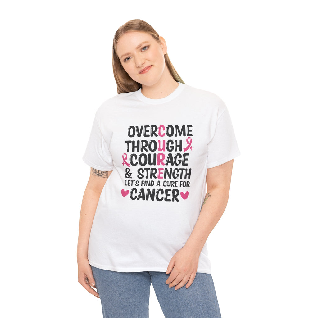 Breast Cancer Awareness Tee — "Overcome Through Courage & Strength" Motivational Shirt by Printify