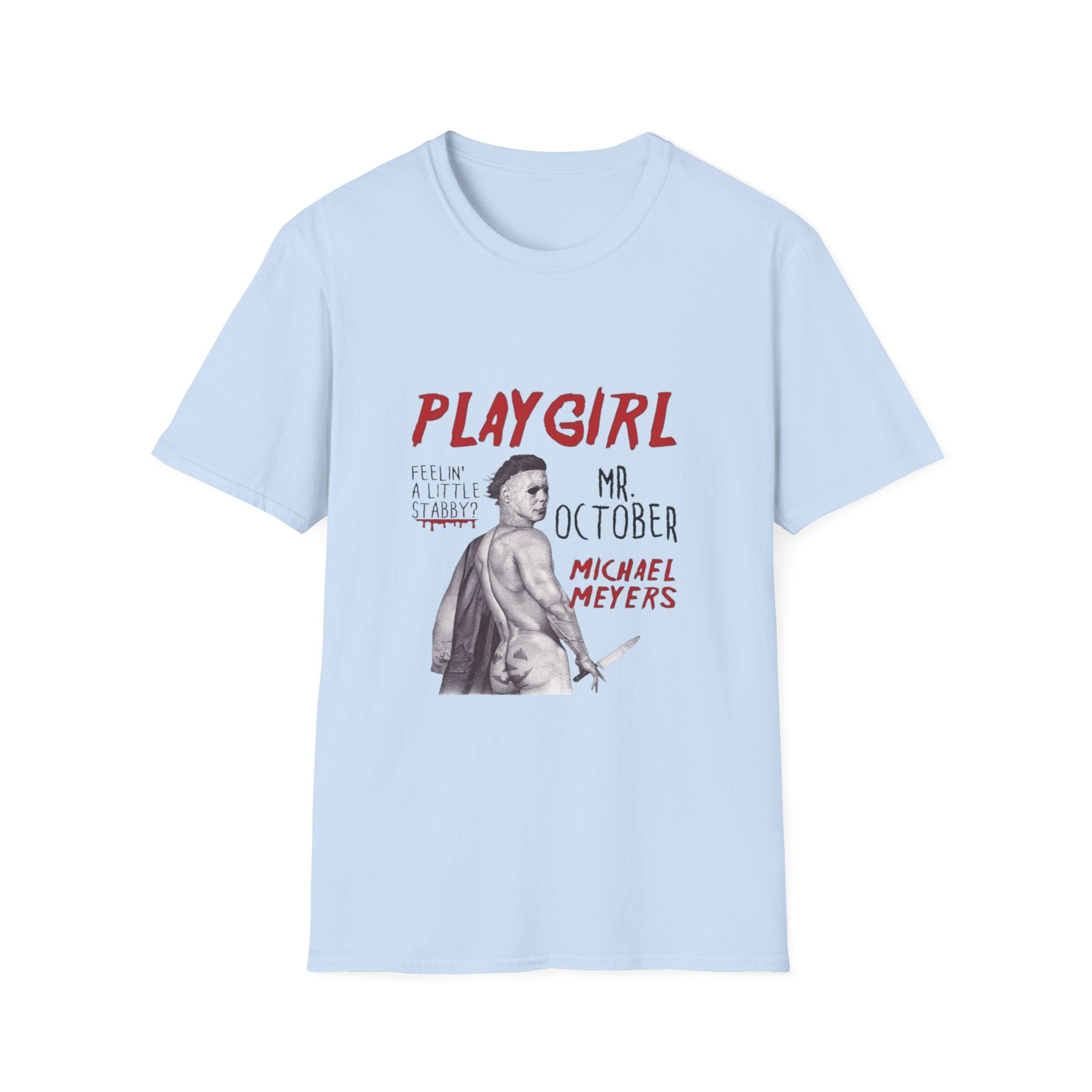 Playgirl Michael Myers T‑Shirt — 'Playgirl' Horror Movie Tee (Mr. October / Feelin' A Little Stabby?) by Printify