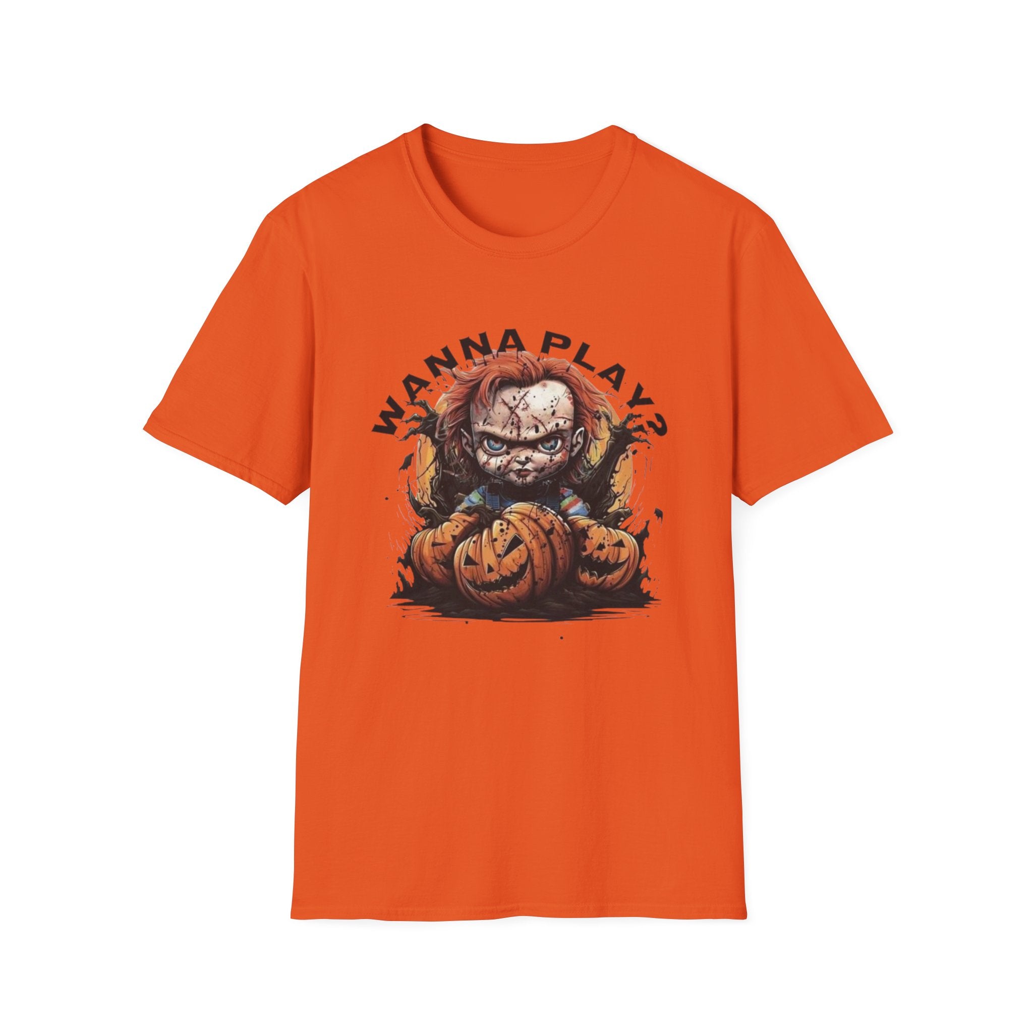 Horror Doll "Wanna Play?" T-Shirt by Printify