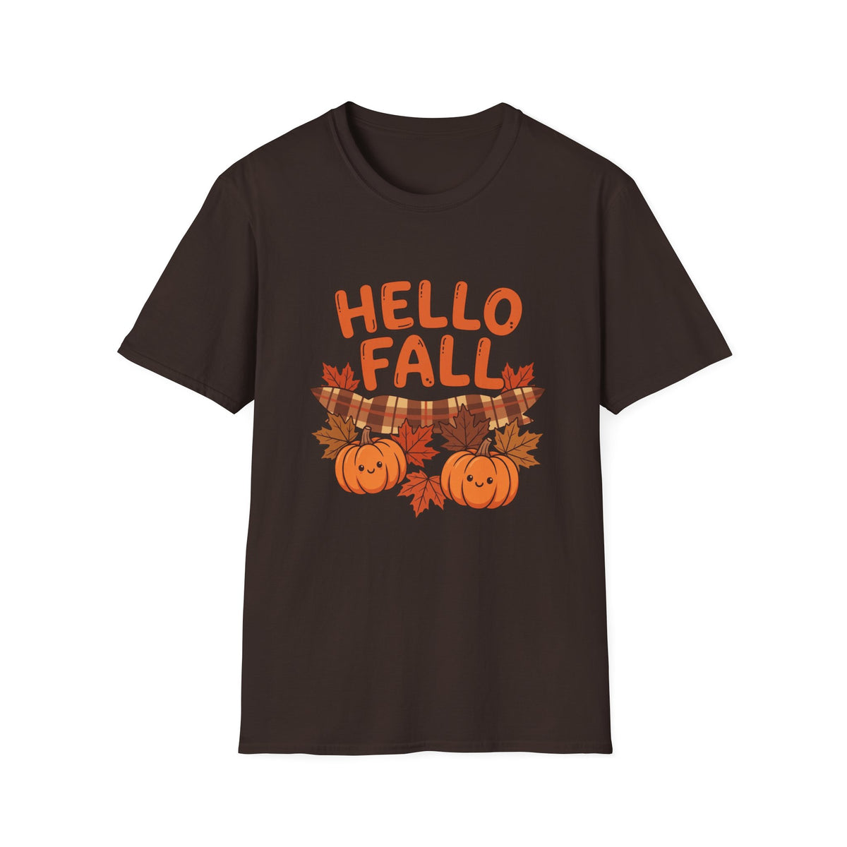 Hello Fall T-Shirt — Cute Pumpkin & Plaid Leaves Autumn Tee by Printify