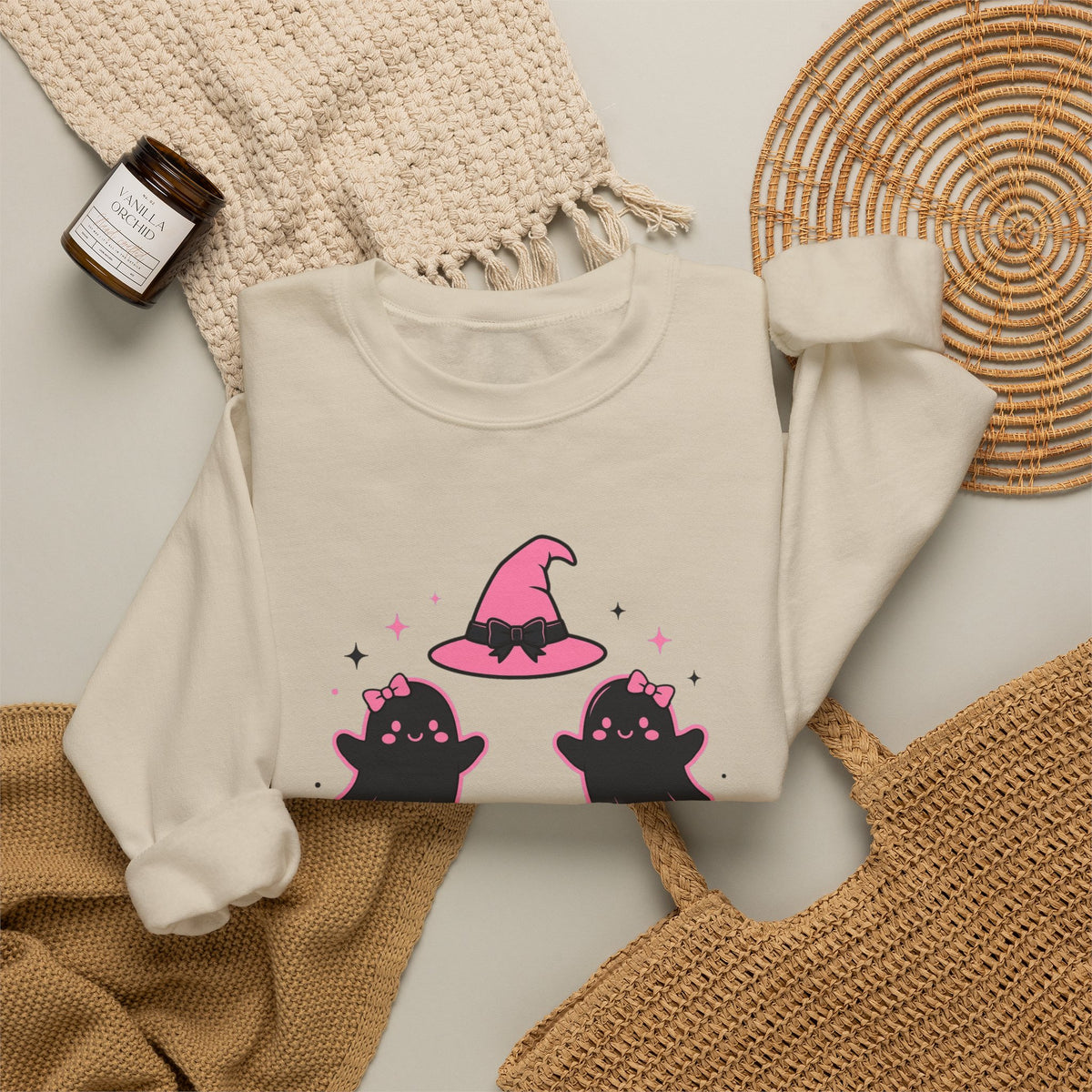 Witchy Mama Sweatshirt — Cute Pink Halloween Witch & Pumpkins Crewneck by Printify