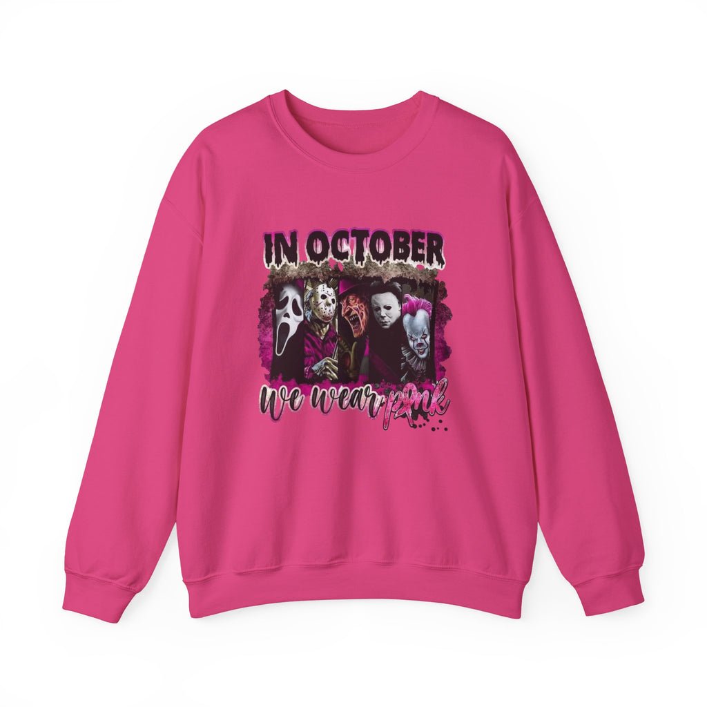 October Horror Crewneck Sweatshirt — "In October We Wear Pink" by Printify