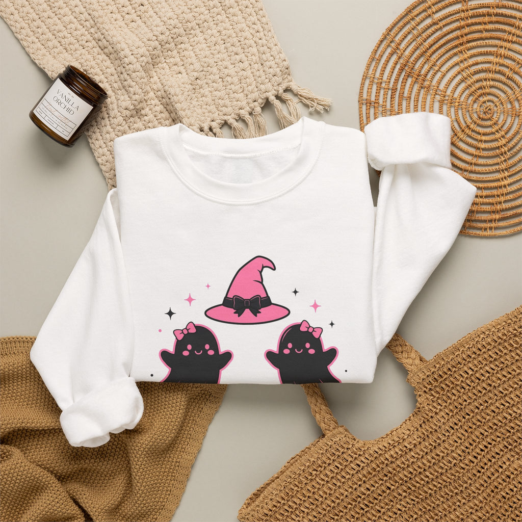 Witchy Mama Sweatshirt — Cute Pink Halloween Witch & Pumpkins Crewneck by Printify