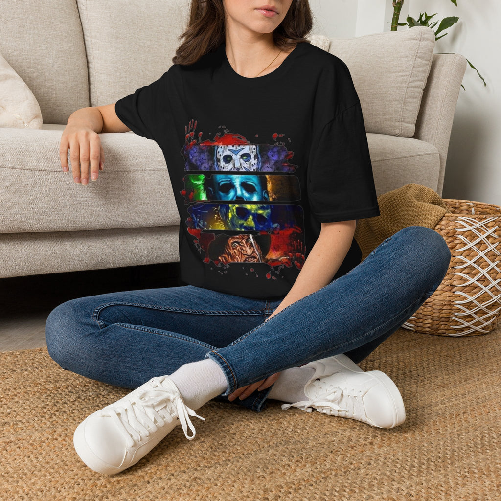 Horror Mask Split-Panel T-Shirt — Retro Slasher Movie Graphic Tee by Printify
