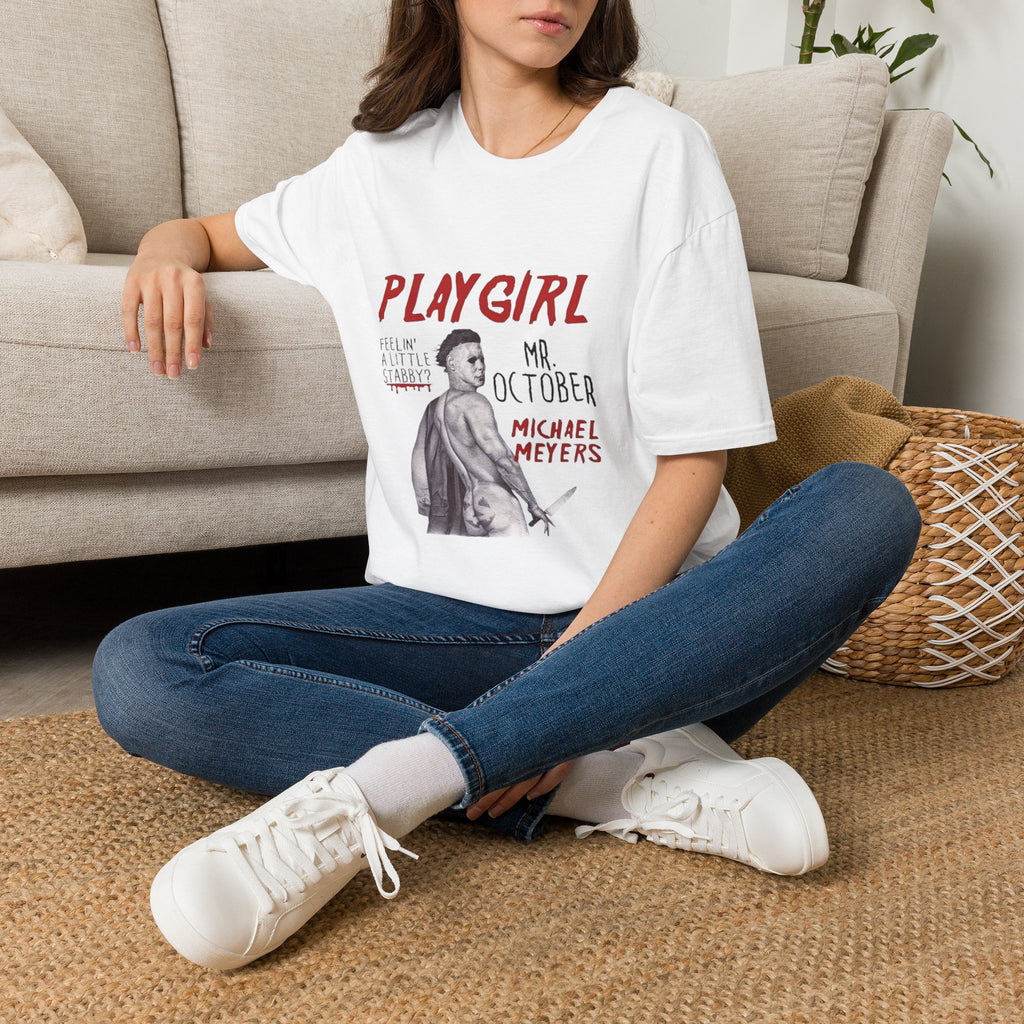 Playgirl Michael Myers T‑Shirt — 'Playgirl' Horror Movie Tee (Mr. October / Feelin' A Little Stabby?) by Printify