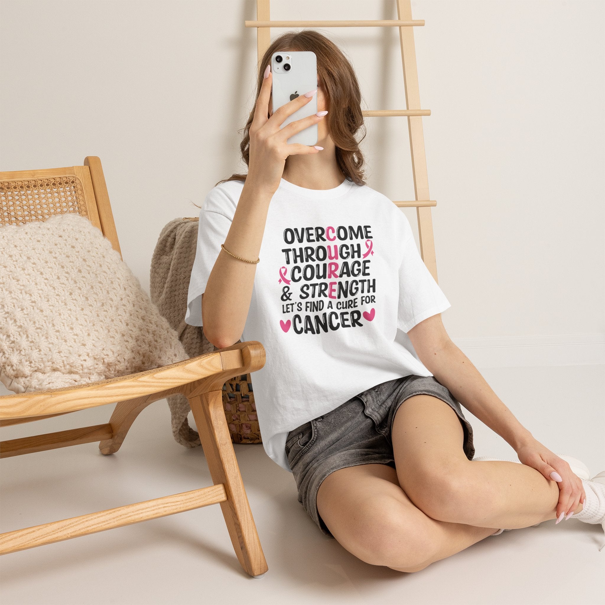 Breast Cancer Awareness Tee — "Overcome Through Courage & Strength" Motivational Shirt by Printify