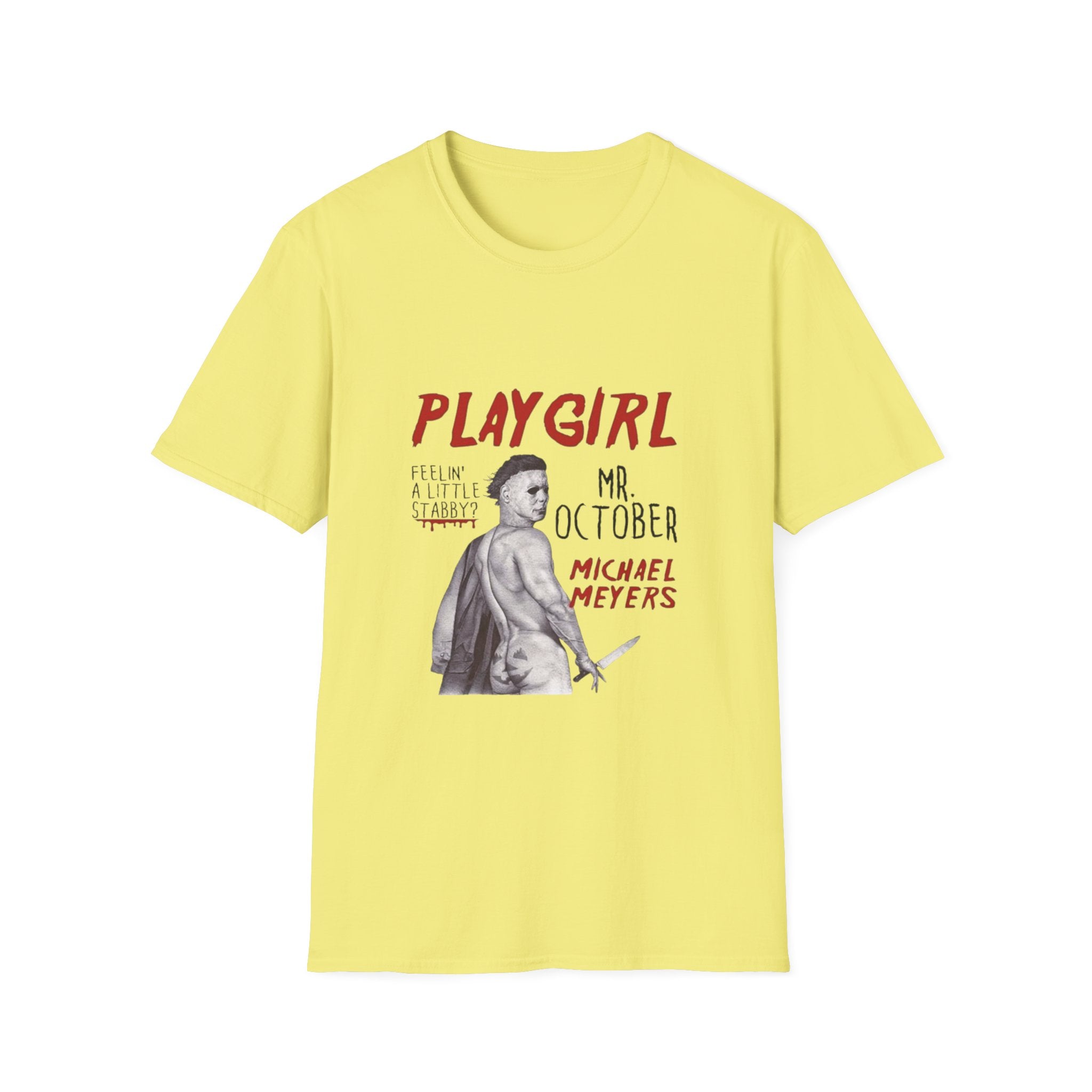 Playgirl Michael Myers T‑Shirt — 'Playgirl' Horror Movie Tee (Mr. October / Feelin' A Little Stabby?) by Printify