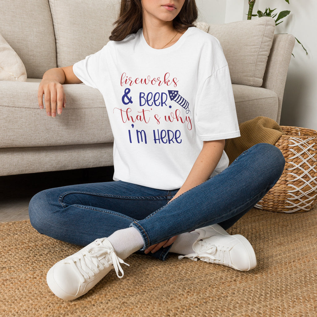 Fireworks & Beer Unisex Softstyle T-Shirt, 4th of July Shirt, Summer BBQ Tee, Celebration Outfit, Casual Party Wear by Printify