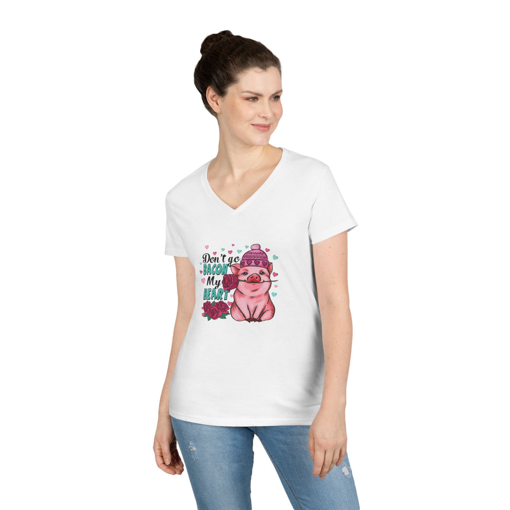 Valentine's Ladies V-Neck T-Shirt, Bacon Heart Shirt, Love Graphic Tee, Valentine's Day Gift, Funny Food Lover Top by Printify