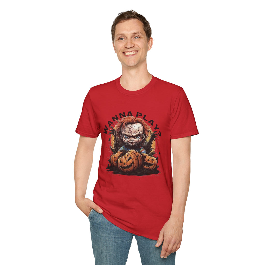 Horror Doll "Wanna Play?" T-Shirt by Printify