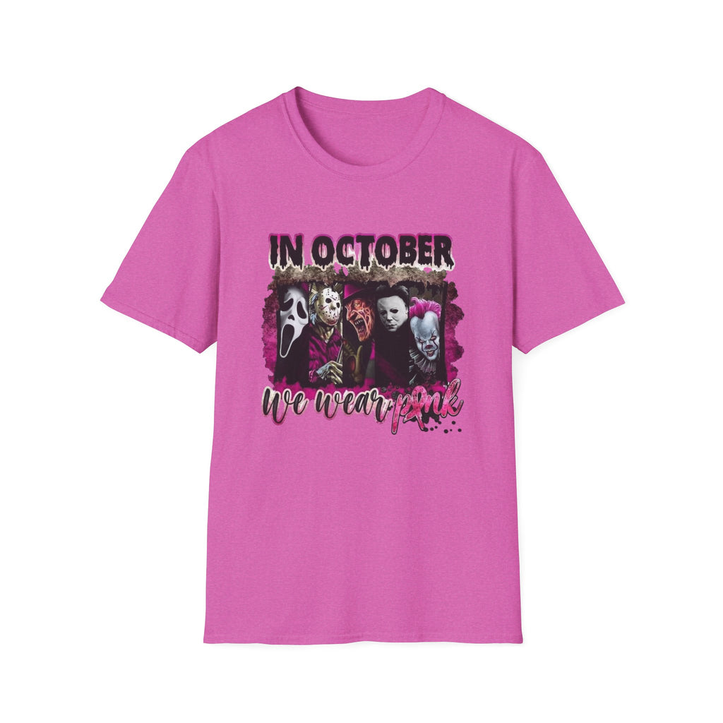 Horror Icons "In October We Wear Pink" T-Shirt by Printify