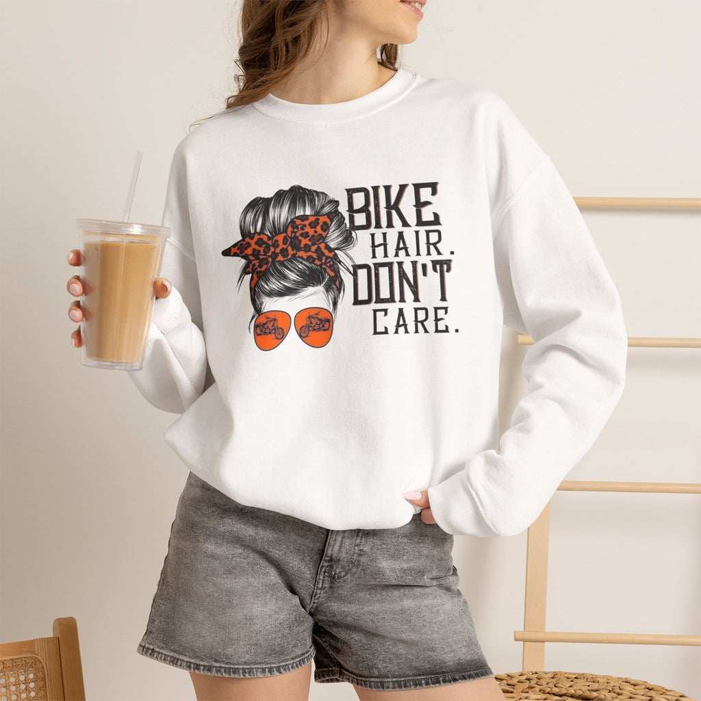 Crewneck Sweatshirt — “Bike Hair Don’t Care” Biker Messy Bun Graphic by Printify