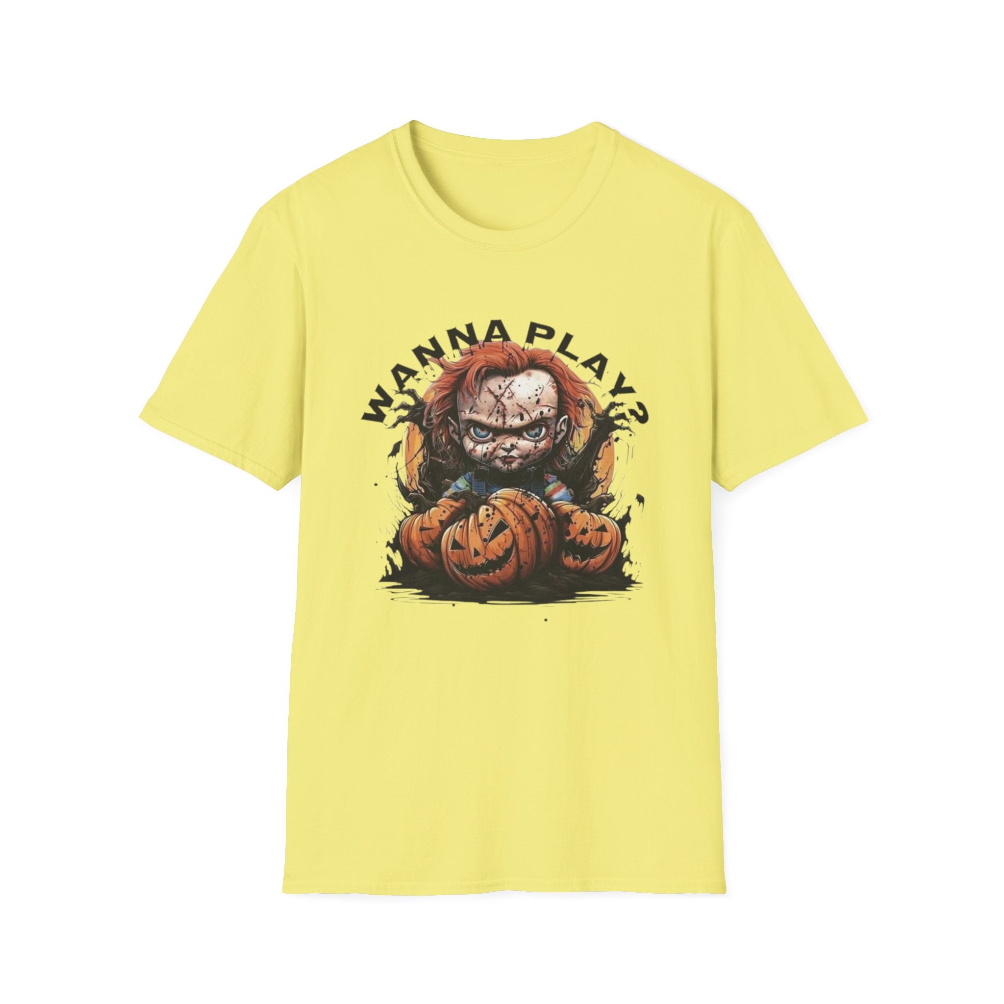 Horror Doll "Wanna Play?" T-Shirt by Printify