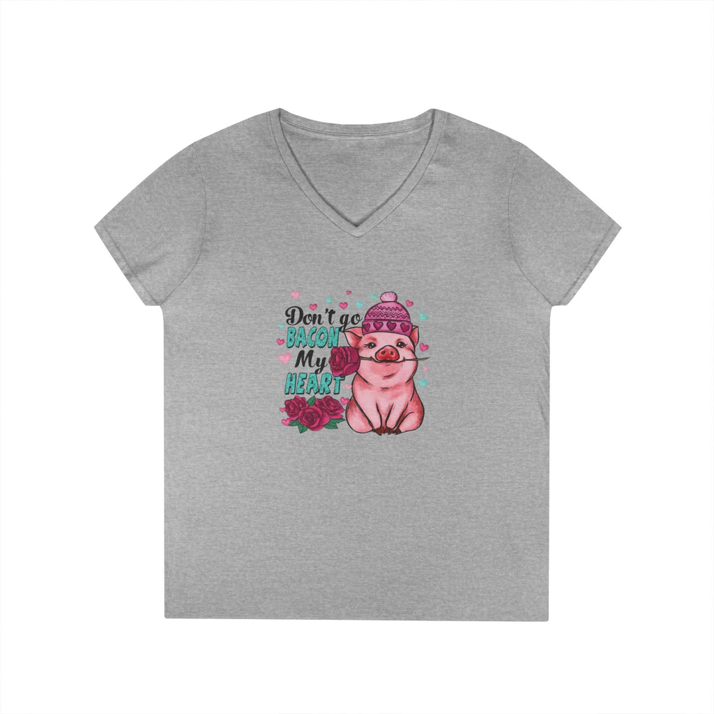 Valentine's Ladies V-Neck T-Shirt, Bacon Heart Shirt, Love Graphic Tee, Valentine's Day Gift, Funny Food Lover Top by Printify