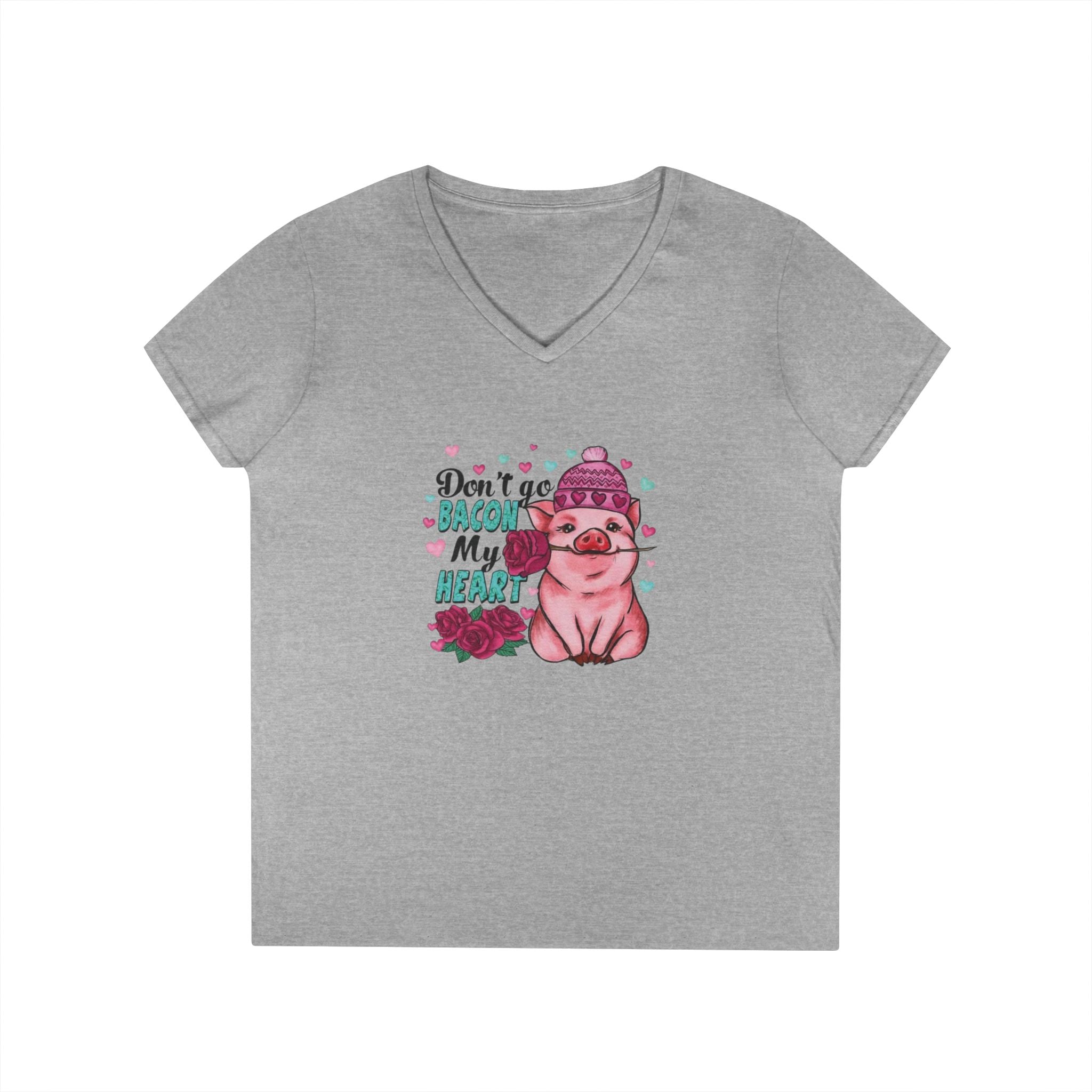 Valentine's Ladies V-Neck T-Shirt, Bacon Heart Shirt, Love Graphic Tee, Valentine's Day Gift, Funny Food Lover Top by Printify