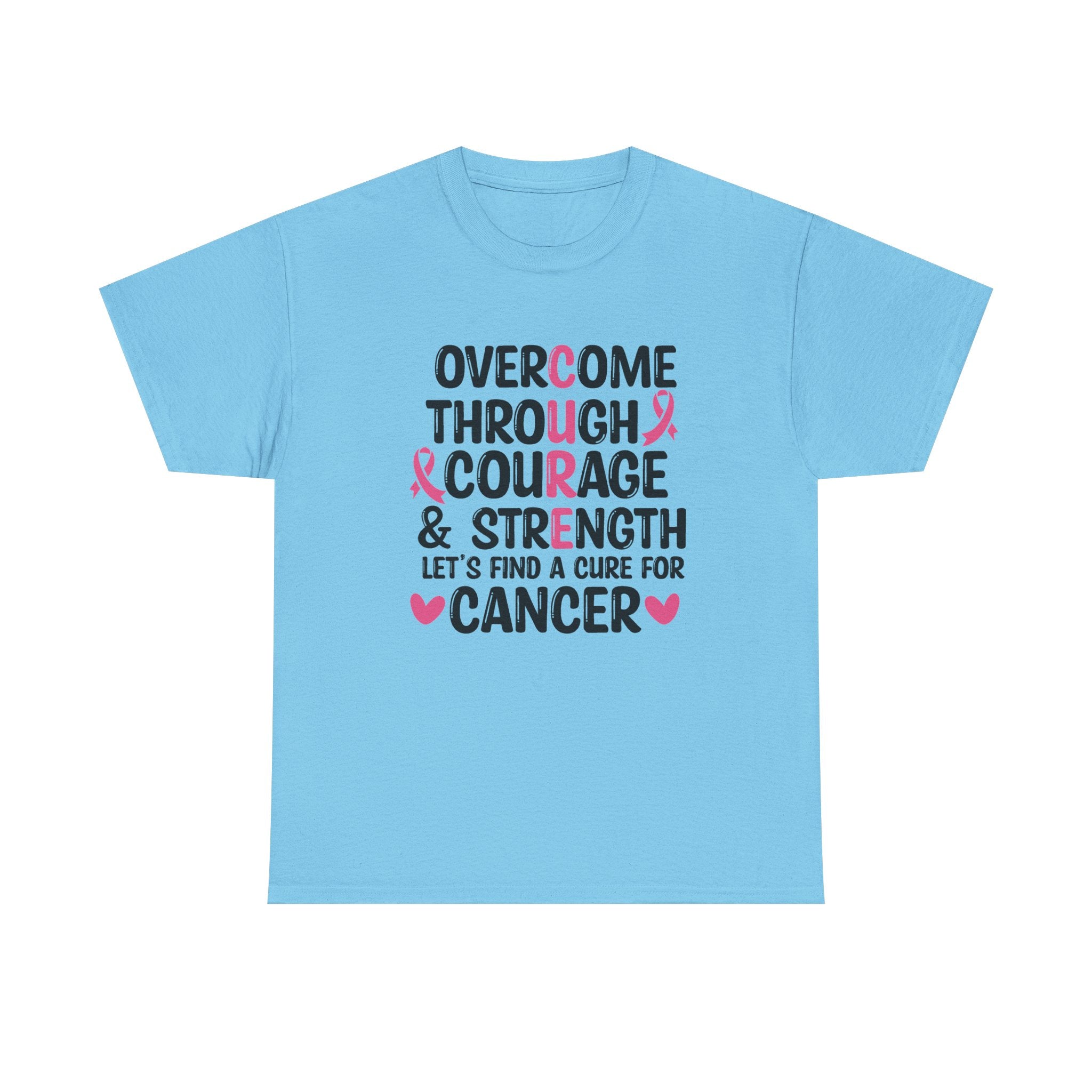 Breast Cancer Awareness Tee — "Overcome Through Courage & Strength" Motivational Shirt by Printify