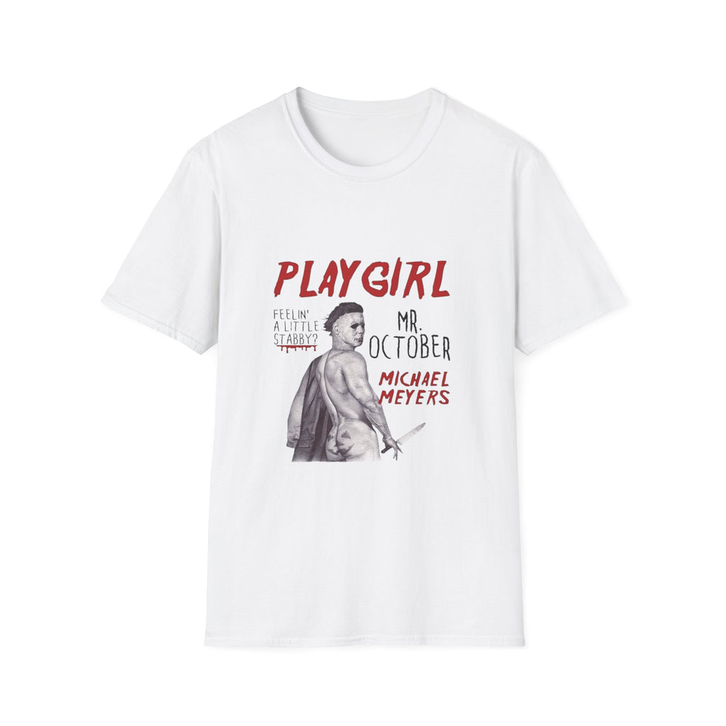 Playgirl Michael Myers T‑Shirt — 'Playgirl' Horror Movie Tee (Mr. October / Feelin' A Little Stabby?) by Printify