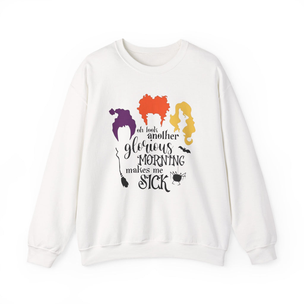 Crewneck Sweatshirt — “Another Glorious Morning Makes Me Sick” Hocus Pocus Witch Silhouette Pullover by Printify