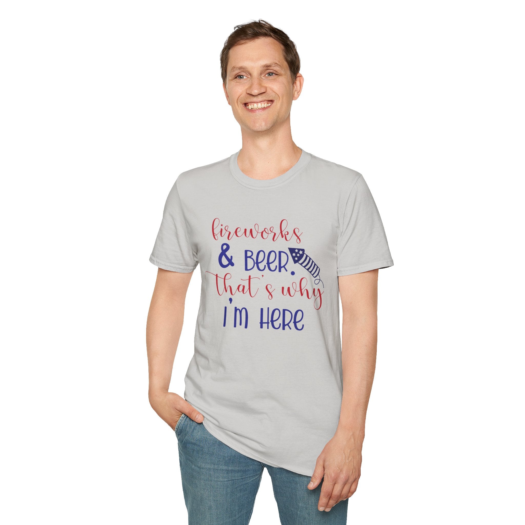 Fireworks & Beer Unisex Softstyle T-Shirt, 4th of July Shirt, Summer BBQ Tee, Celebration Outfit, Casual Party Wear by Printify