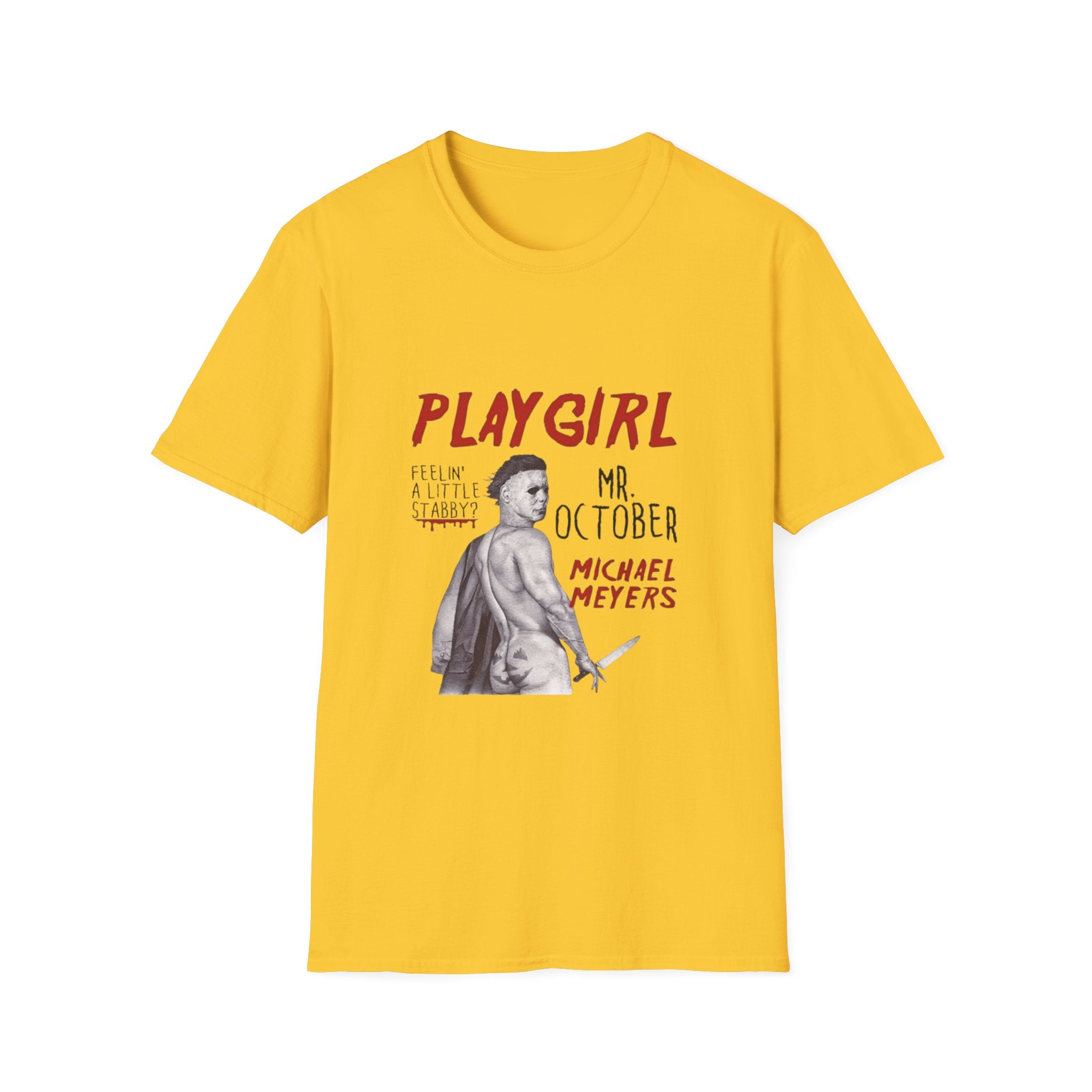 Playgirl Michael Myers T‑Shirt — 'Playgirl' Horror Movie Tee (Mr. October / Feelin' A Little Stabby?) by Printify