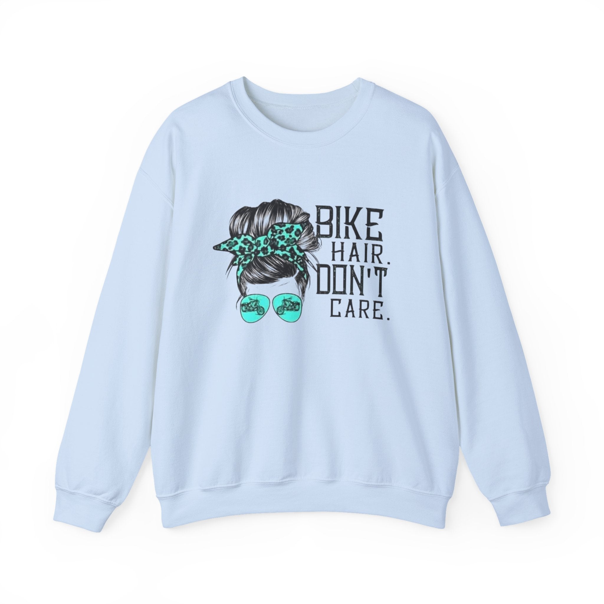 Sweatshirt — "Bike Hair Don’t Care" Graphic Crewneck by Printify