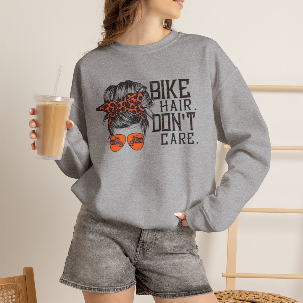 Crewneck Sweatshirt — “Bike Hair Don’t Care” Biker Messy Bun Graphic by Printify