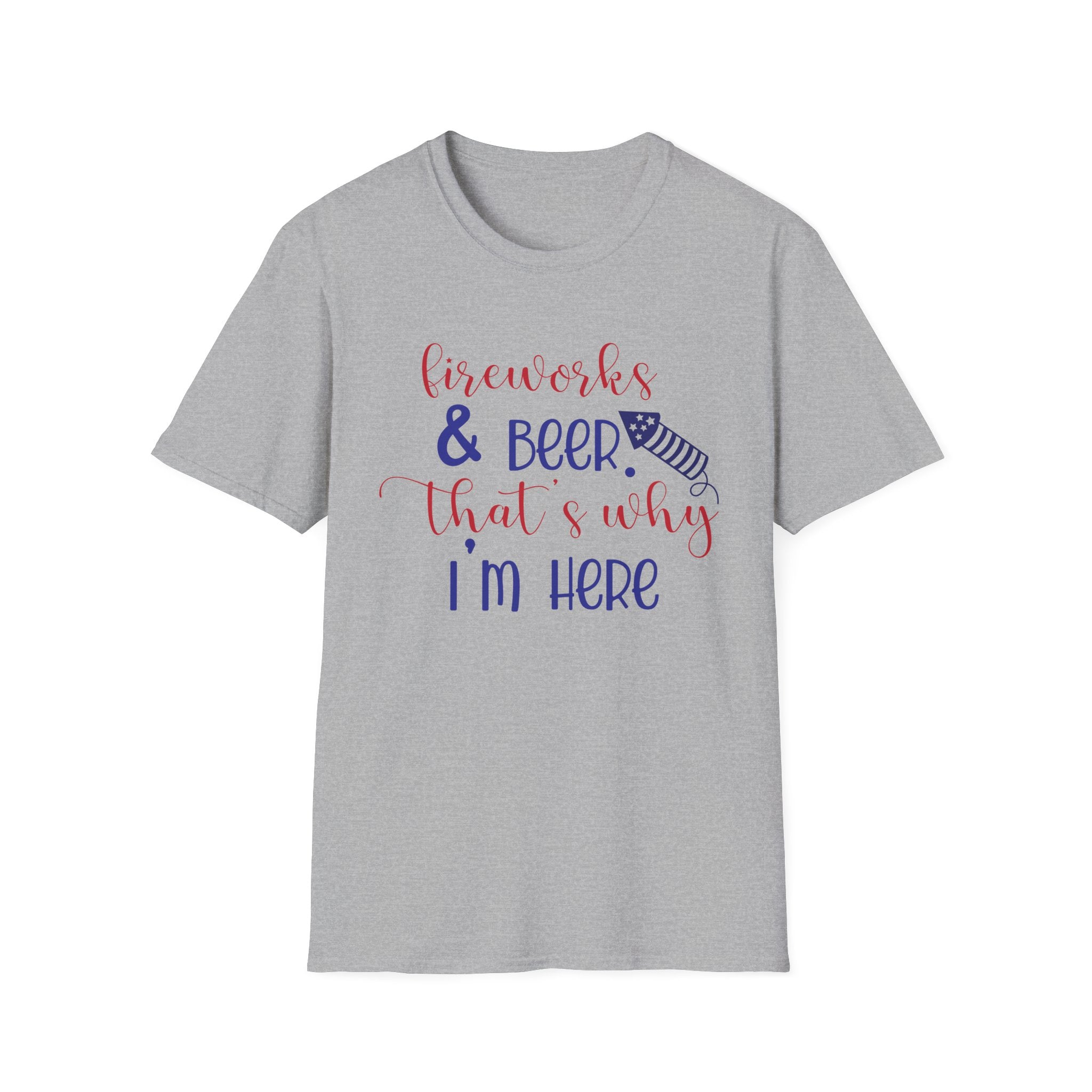 Fireworks & Beer Unisex Softstyle T-Shirt, 4th of July Shirt, Summer BBQ Tee, Celebration Outfit, Casual Party Wear by Printify